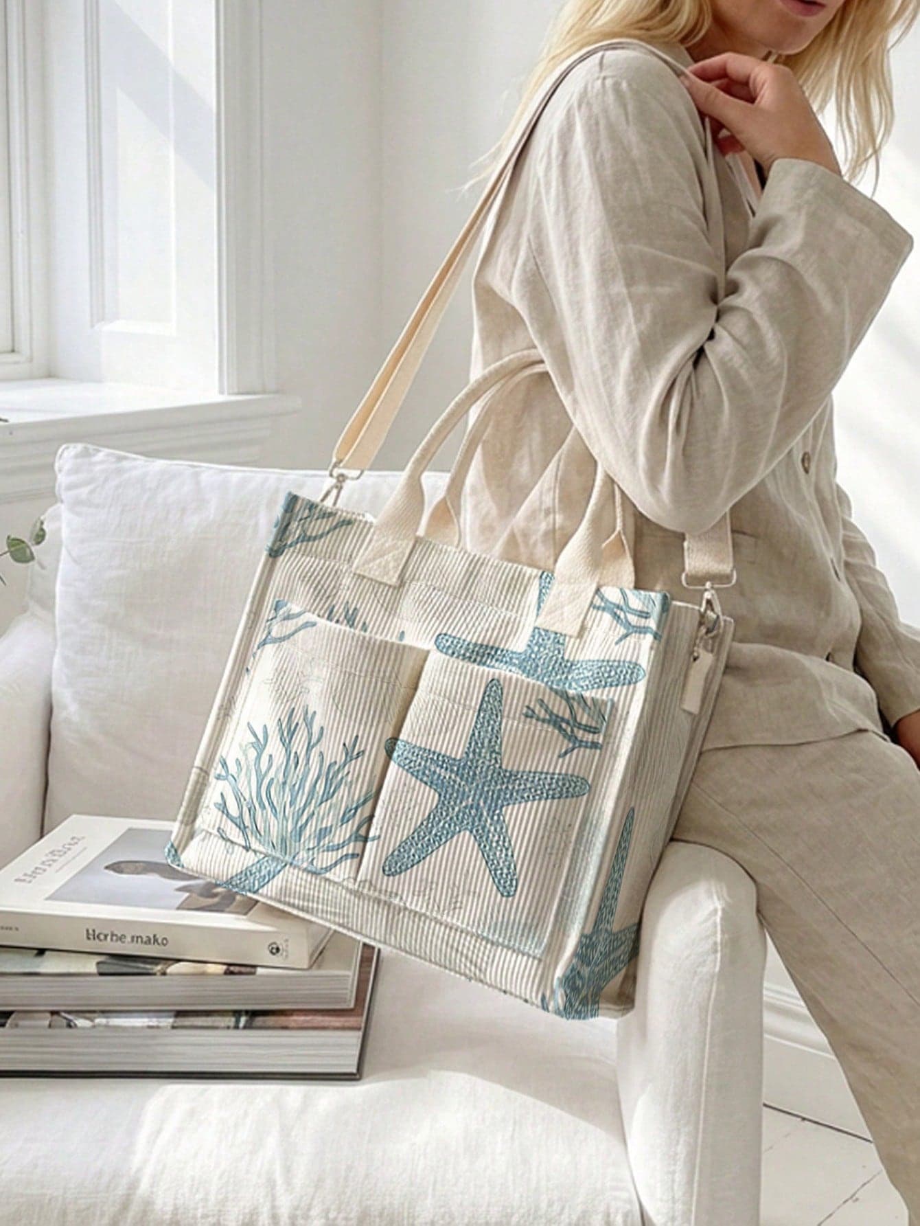 1pc Starfish & Lemon Print Corduroy Multi-Pocket Large Capacity Snap Button Shoulder Tote Bag, Women's Daily Commute Shopping School Use
