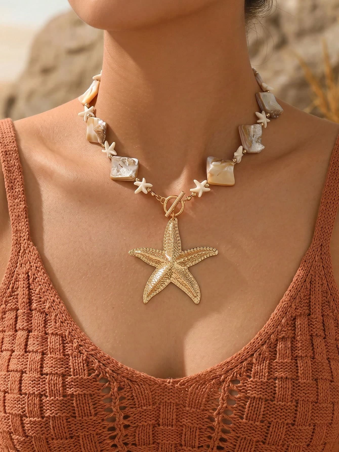 1pc Summer Beach Vacation Style Necklace, Niche Design Starfish Pendant Beaded Choker, Fashion Women's Neck Jewelry, Suitable For Daily Wear And Vacation Party, Beaded Size And Shape Are Random