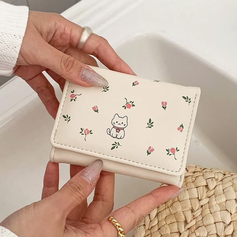 Milky Soft! So Sweet~ Minimalist Ins Style Fresh Sweet Short Multifunctional Pink Floral Cat Wallet Coin Card Holder