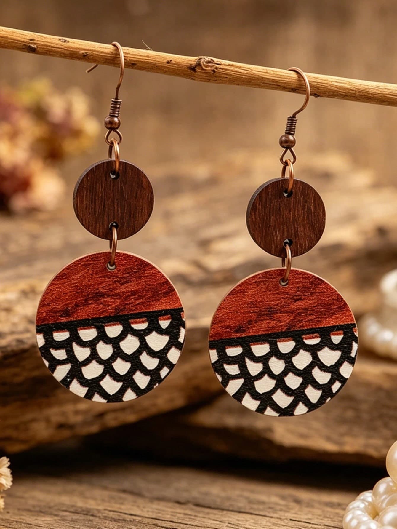 1 Pair Wooden Earrings, Vintage Geometric Pattern Versatile Ear Jewelry