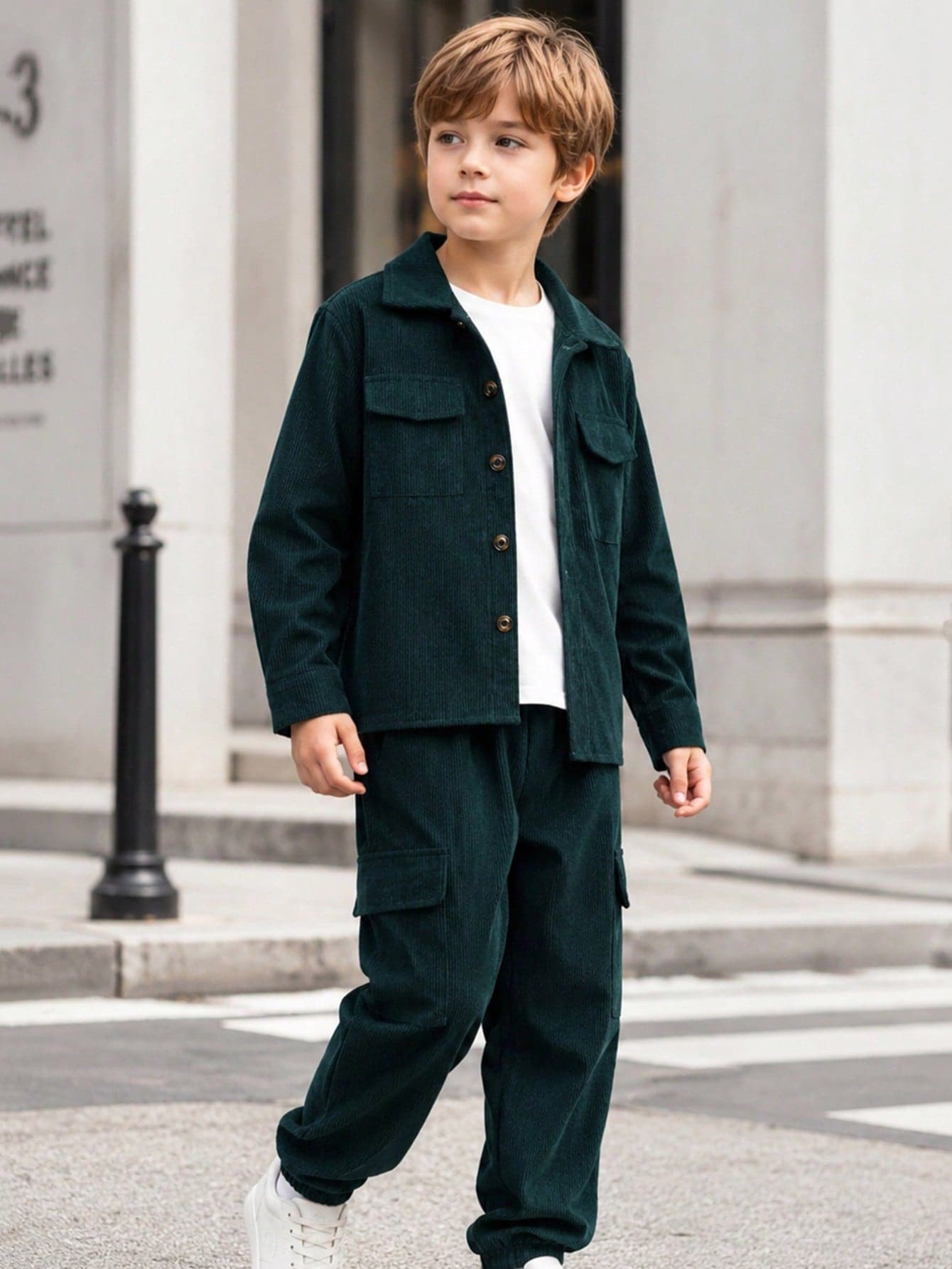 2Pcs/Set Young Boys' Dark Green Corduroy Shirt Jacket & Cargo Pants, Multi-Pocket Casual Outfit, Suitable For School, Daily Wear, Fall & Winter