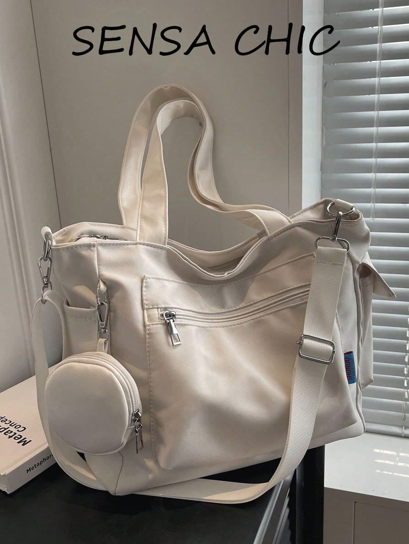 2024 New Fashion Classic Clown Solid Color Large Capacity Trim Pocket 2-In-1 Shoulder Bag, Suitable For Campus Use. This Backpack Is Also Suitable For Teenagers, Women Or Students, With Large Capacity, Waterproof, And A Laptop Compartment, Making It An Ideal Choice For The Back-To-School Season. It Can Be Used As A Student Backpack, Student Tote Bag, Student Handbag, Student Bookbag, Back-To-School Essential, And Also As A Teacher Gift. , Valentines Gifts, Cream Bag
