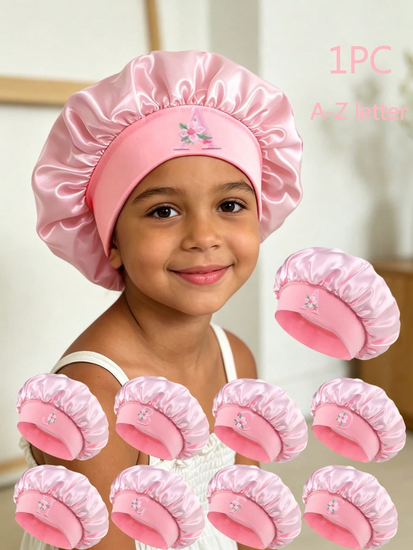 1pc Children's A-Z Letter Pink Satin Elastic Wide-Brimmed Hat - Snug Sleeping Cap, Hair Protecting, Ultra Soft Breathable Design With Non-Slip Lining
