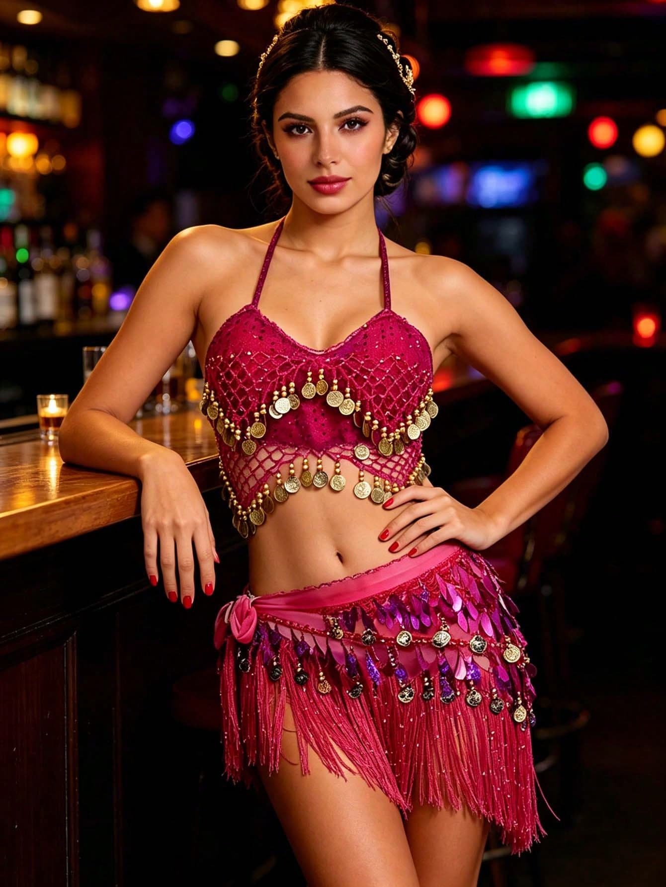 Belly Dance Lace Mesh Halter Crop Top With Coin Embellished Fringe Hip Scarf For Stage Performances & Dance Practice (Available In Multiple Colors)