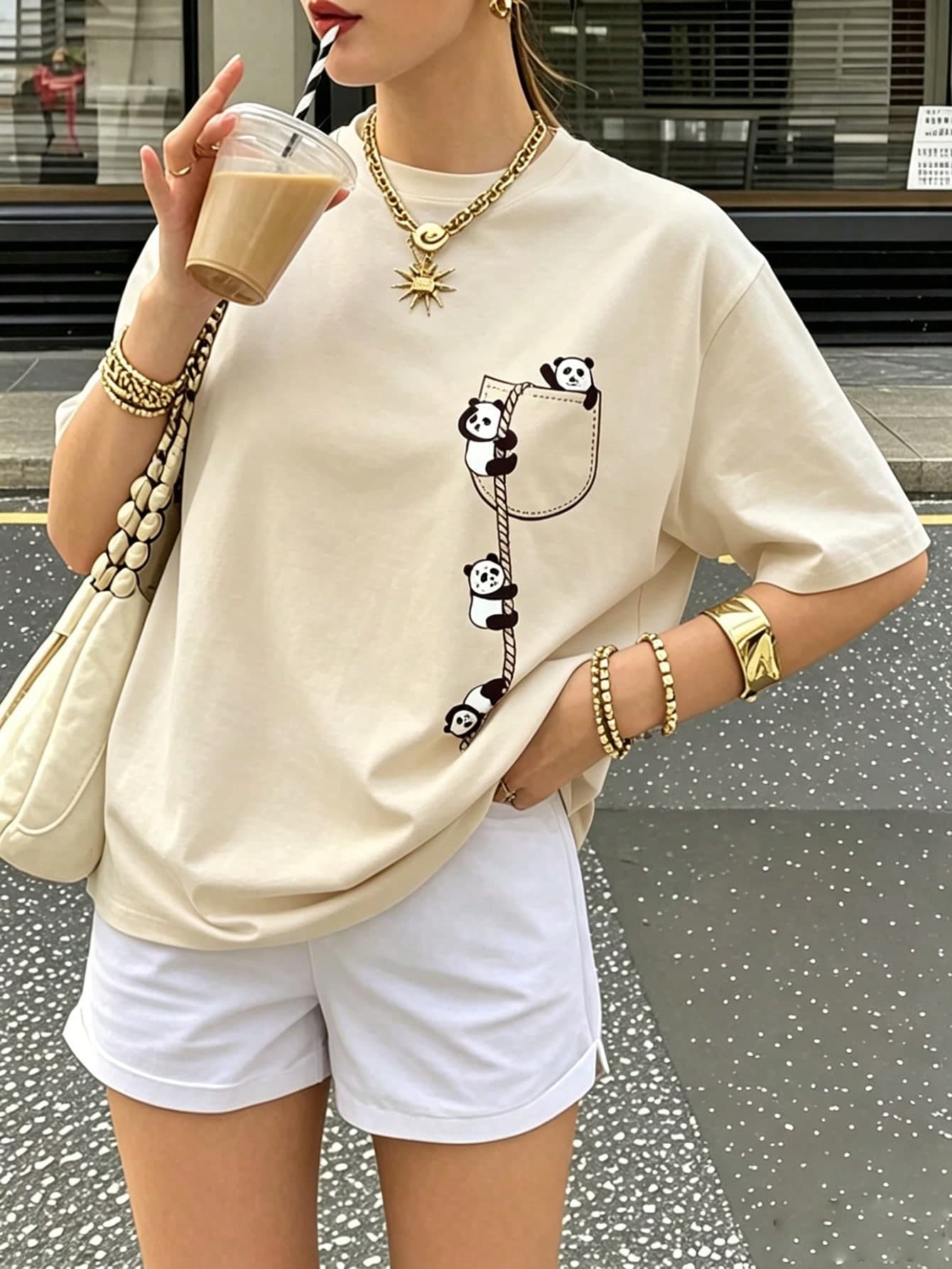 Loose Fit Graphic T-Shirt, Panda Climbing Rope Print Faux Pocket, Y2K Style Cute Comfortable Casual Summer Top, Breathable