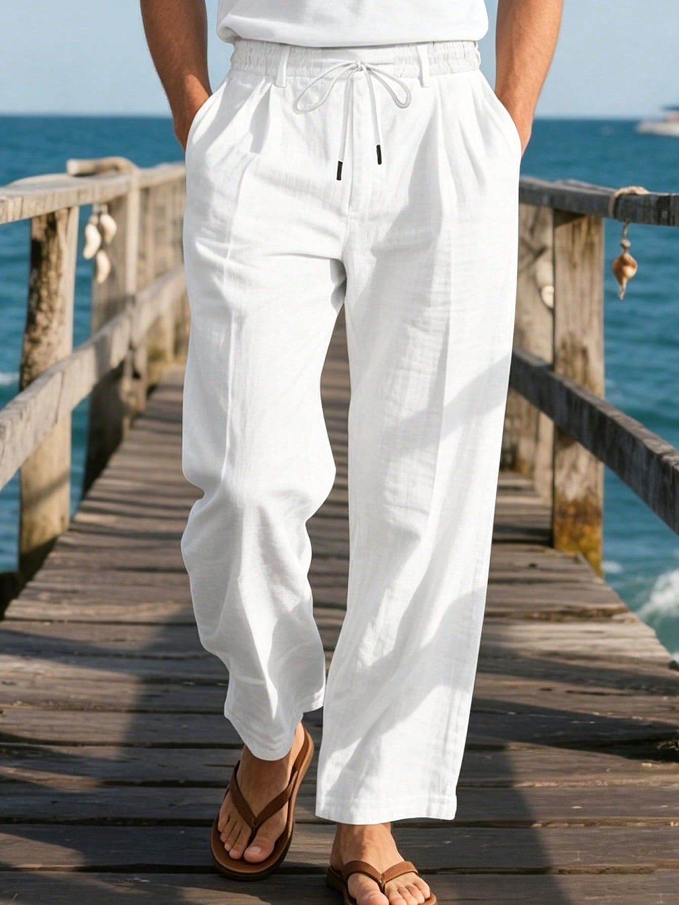 Men's Summer Linen Breathable Casual Long Pants, Vacation Style Loose Straight Leg Trousers, Commute Daily Versatile Pants