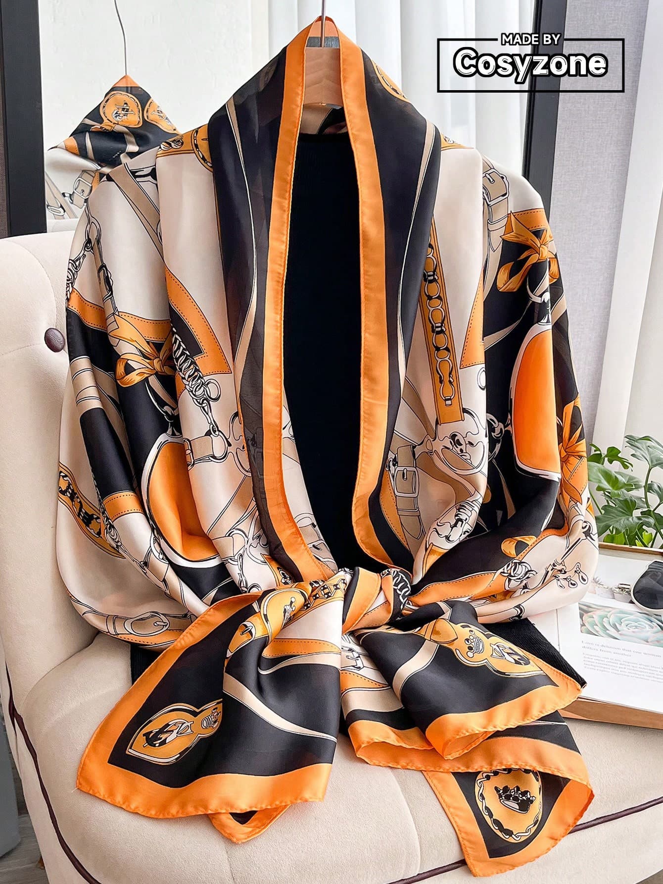 1PC Faux Silk Elegant Belt Chain Pattern Printed Scarf For Women, Outerwear, Beach Vacation Long Scarf, Sun Protection, Beach Towel, Fashionable Versatile Scarf Shawl, Suitable For Daily Matching And Decorative Use