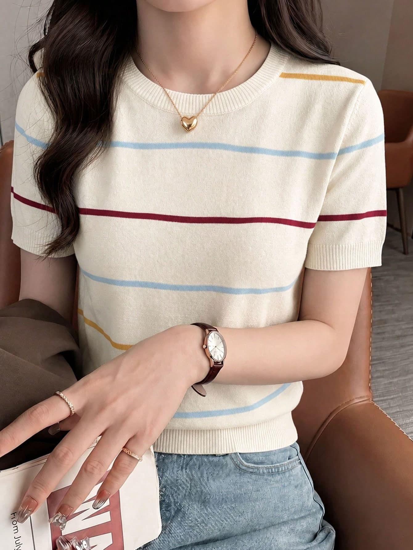 2026 Spring/Summer Navy Blue Striped Crew Neck Knit T-Shirt, Elegant Casual Women Top, Suitable For Daily, Commute, Music Festival, Date Outfit, French Girl Style