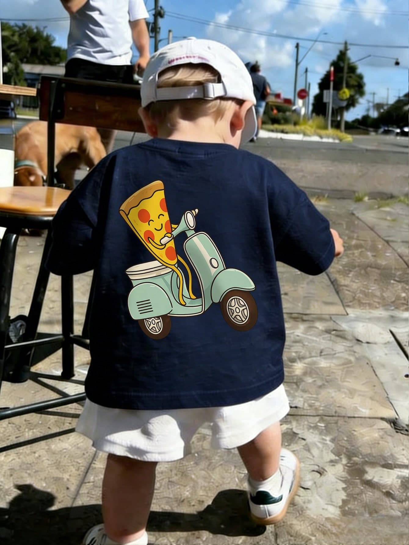 Baby/Toddler Casual T-Shirt, Cute Pizza & Skateboard Print Short Sleeve Top, Soft Cotton, Suitable For Daily Play And Outdoor Activities