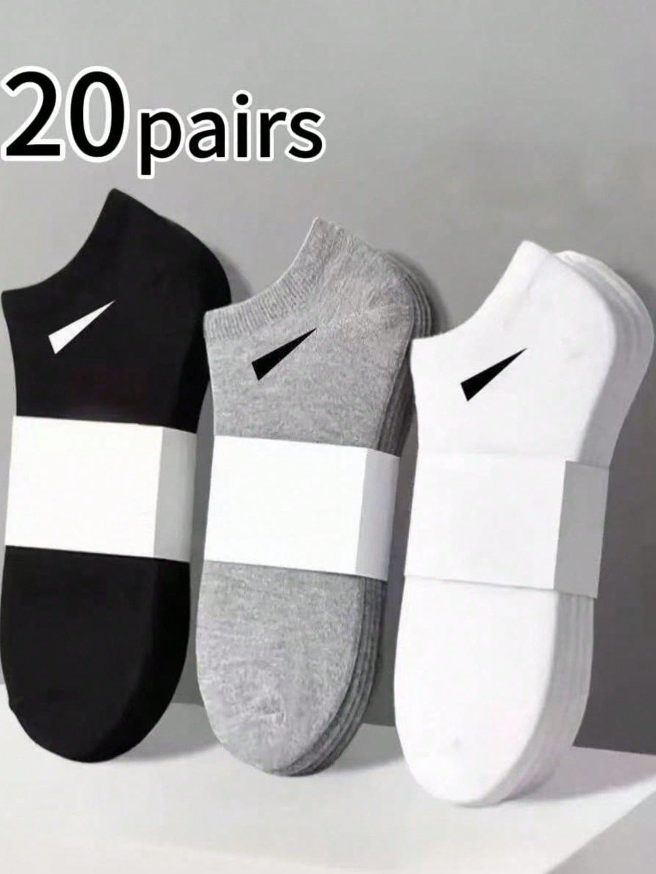 20 Pairs Unisex Sports Short Socks, White/Black/Grey, Comfortable Ribbed Ankle Socks