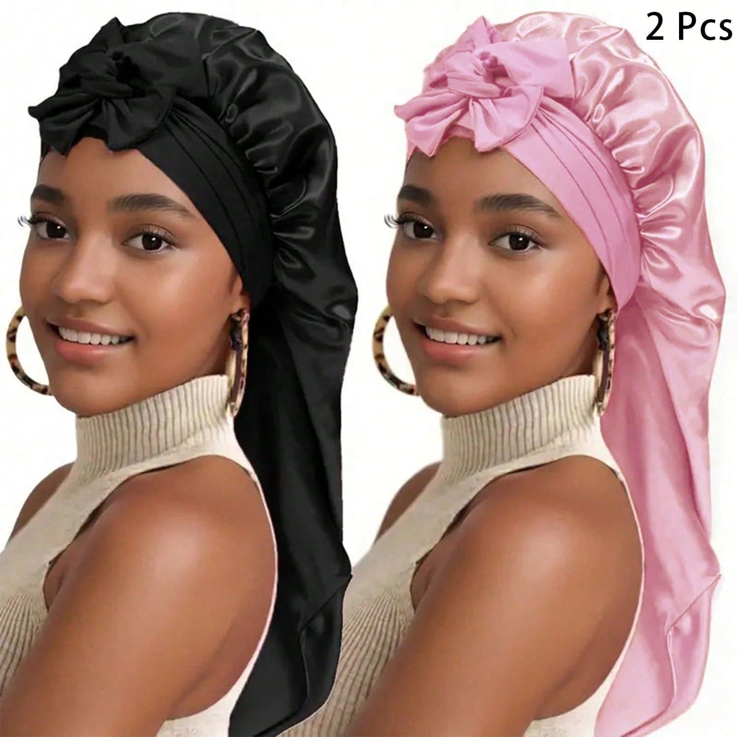 Awegeo 2pcs Long Bonnet Women Solid Satin Lined Extra Long Sleep Cap - Comfortable Sleeping Hair Care Cap, Suitable For Long Curly Hair