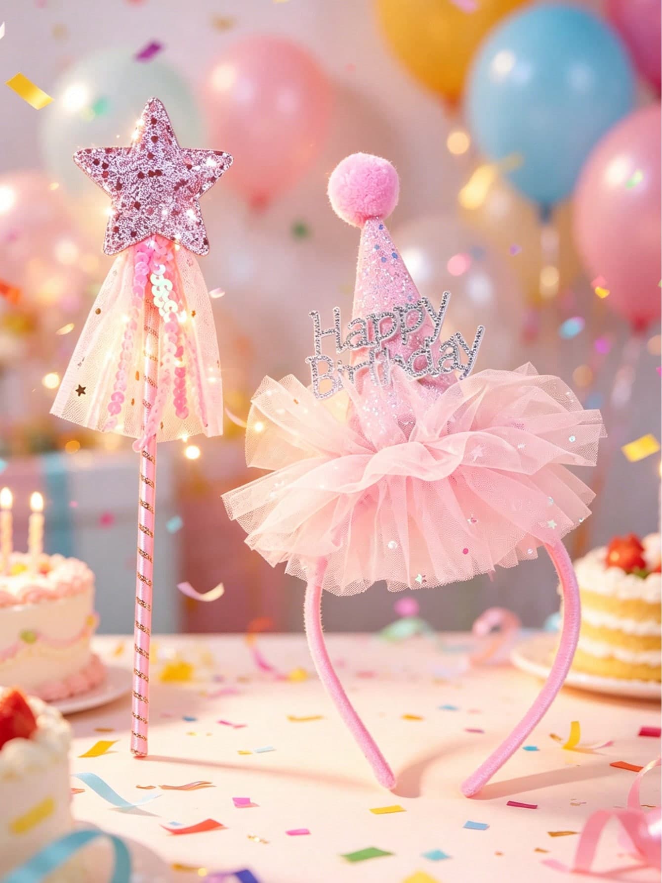 2pcs Girls Birthday Pink Tulle Headband, With Flower And Birthday Hat Headband, Essential Holiday Fashion Hair Accessory, Summer Birthday Party Gift