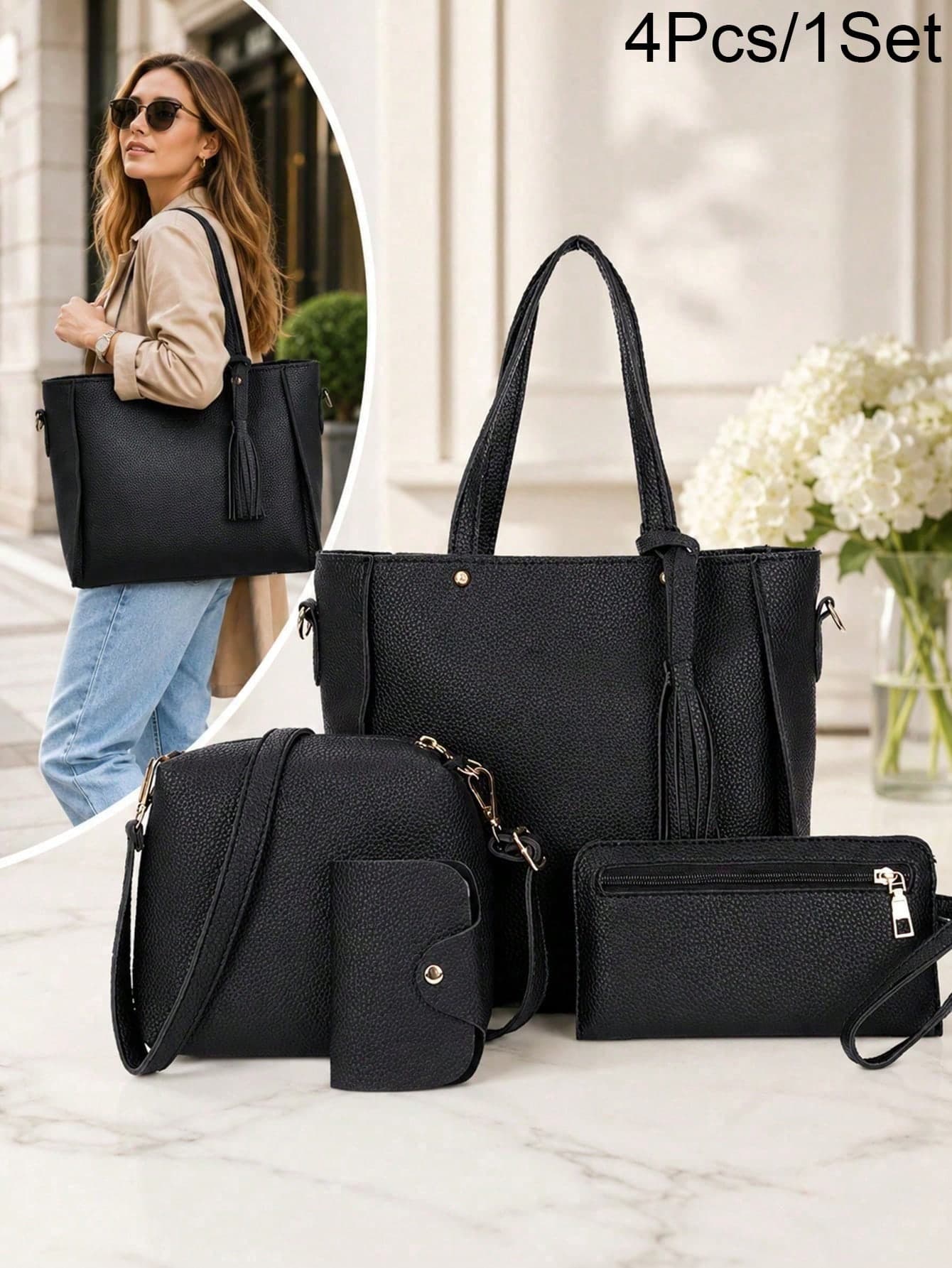 4-Piece Women's Shoulder Bag Set, PU Leather Crossbody Bag, Handbag And Tote Bag Set