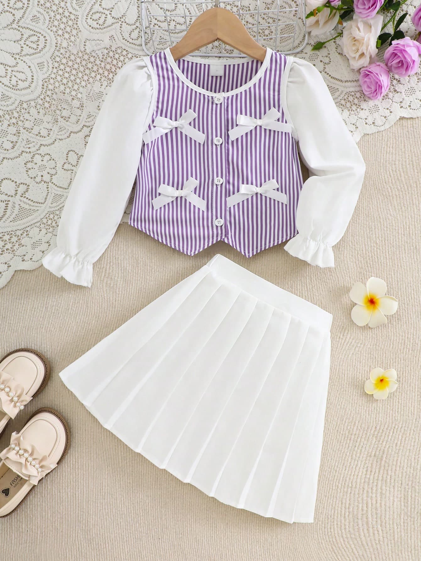 New Hot-Selling Girls' Purple And White Striped Bow Long-Sleeve Top With Pleated Skirt 2-Piece Set Children's Academy-Style Casual Outfit