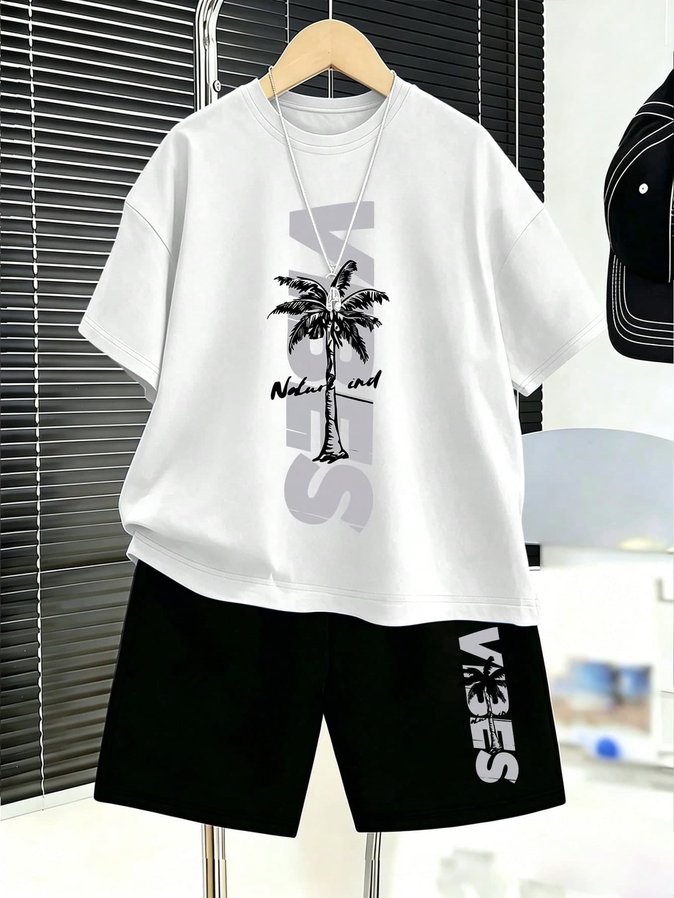 Teen Boys Casual Minimalist Letter & Coconut Tree Print Crew Neck T-Shirt + Shorts Set, New Summer Comfortable Boys Outfit