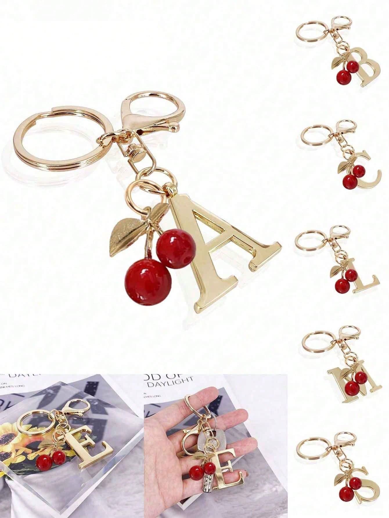Premium Elegant Gold Letter Keychain, A-Z 3D Letter Pendant, Cherry Ornament, Fashionable Alloy Keychain, Bag/Backpack Hanging Decoration, Car Key Chain, Perfect Daily Accessory For Women, Couples Gift, Classic Minimalist Keychain, Decorative Item, Bag Accessory, Suitable For Gifting To Friends, Family, Couples, Girlfriend, Important Gifts, Holiday Souvenirs, Back To School Gifts, Teacher's Day Gifts