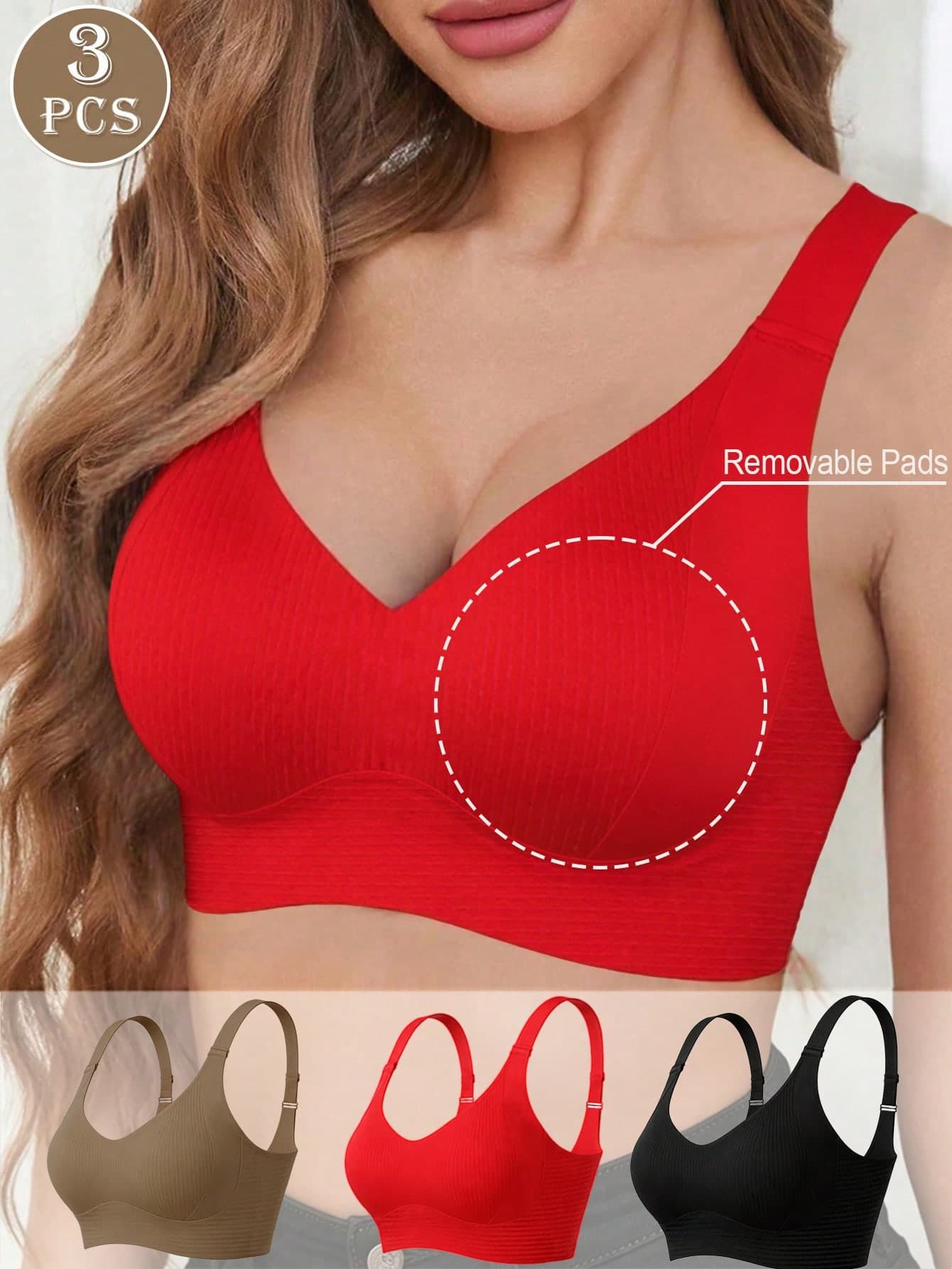 3pcs/Set Women's Seamless Push-Up Bra, Wire-Free Tank Top Style Lingerie, Camisole Basic Bra, Yoga Sports Bra, Ribbed Wire-Free Bra