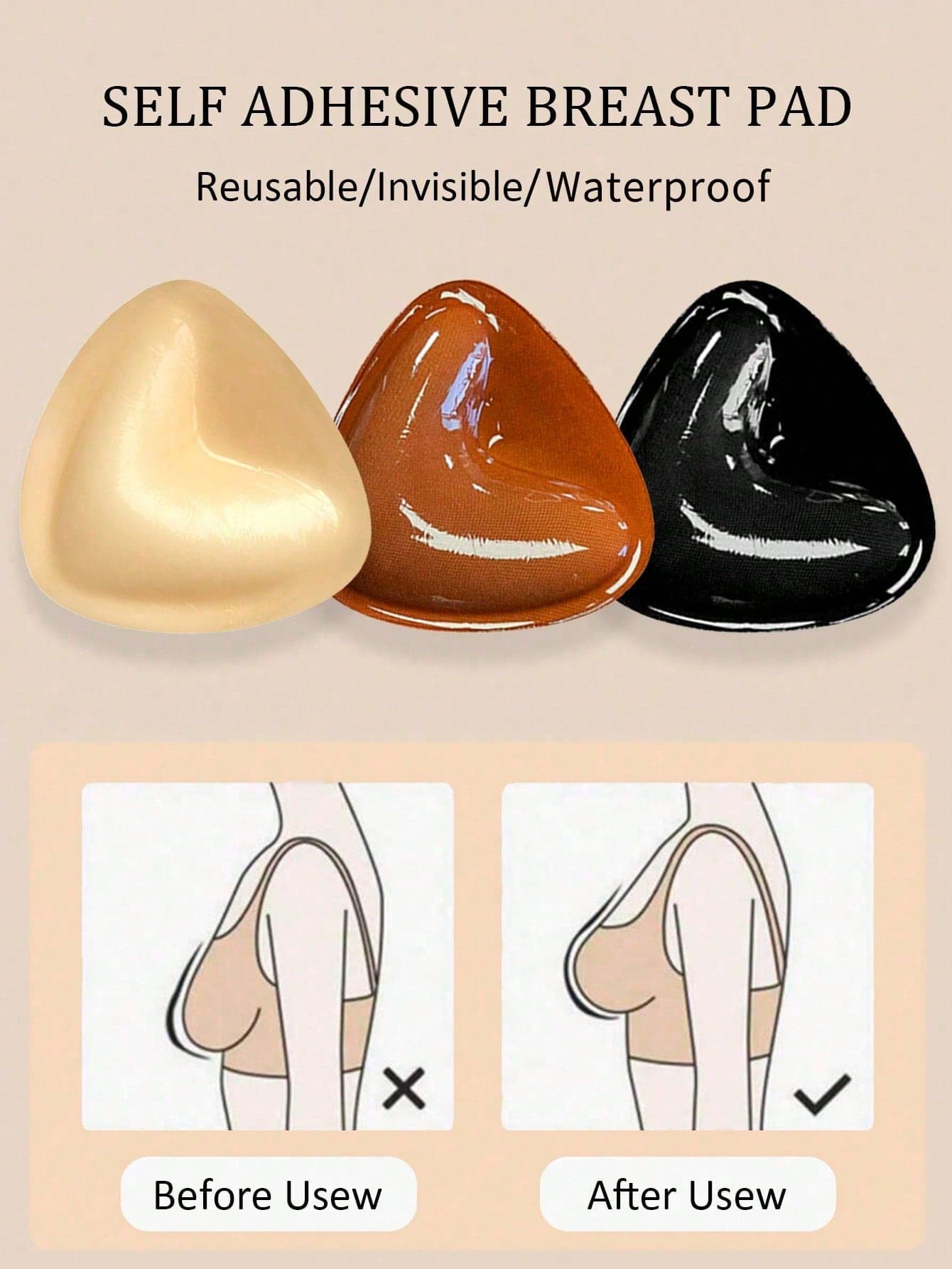 1 Pair Double-Sided Breathable Self-Adhesive Bra Pads, Thickened Triangle Push-Up Design, Reusable, Invisible Bikini Bra Inserts, Suitable For Swimming