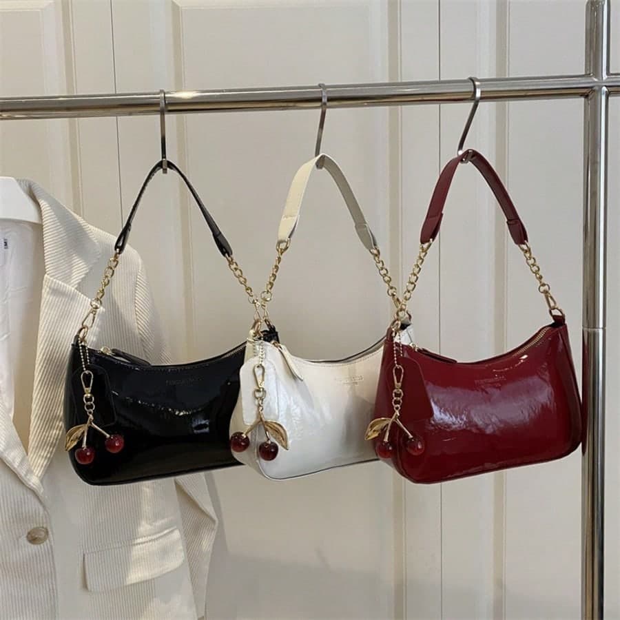 Niche Sweet & Cool Cherry Pendant Underarm Bag, Patent Leather Glossy Texture Versatile Chain Shoulder Crossbody Small Bag