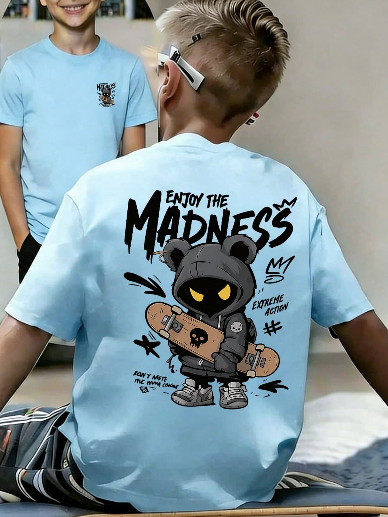 Boys' Summer Casual "Enjoy Crazy" Skateboard Bear Graphic Print Round Neck Short Sleeve T-Shirt, Children Street Fashion Loose Daily Wear Tee