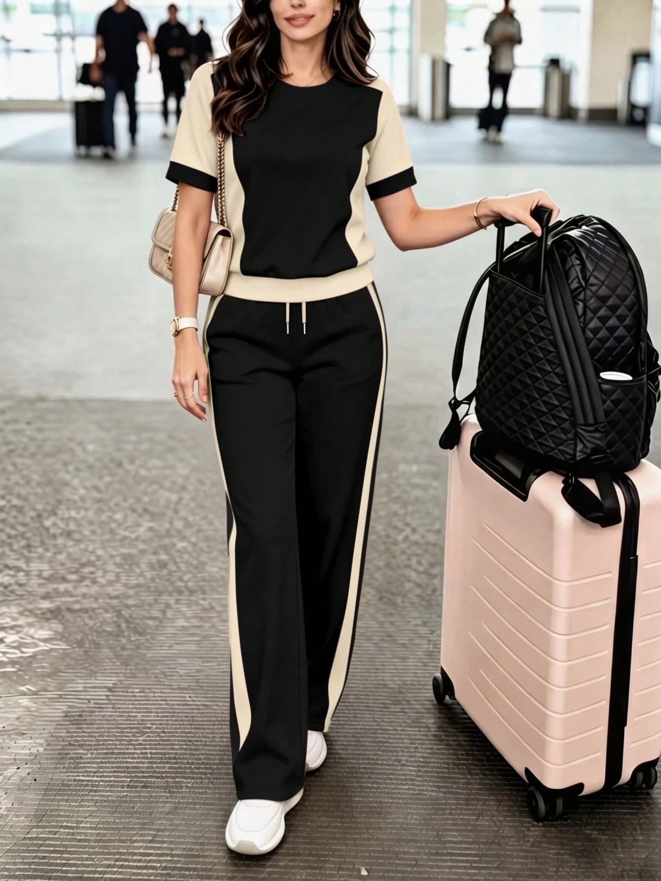 Spring/Summer Women's Casual Matching Color Block Crew Neck Short Sleeve Top And High Waist Loose Straight Leg Pants 2-Piece Set, T-Shirt And Color Block Pants Suit, Vacation Outfit, Travel Wear, Beach Style, Minimalist Resort Wear