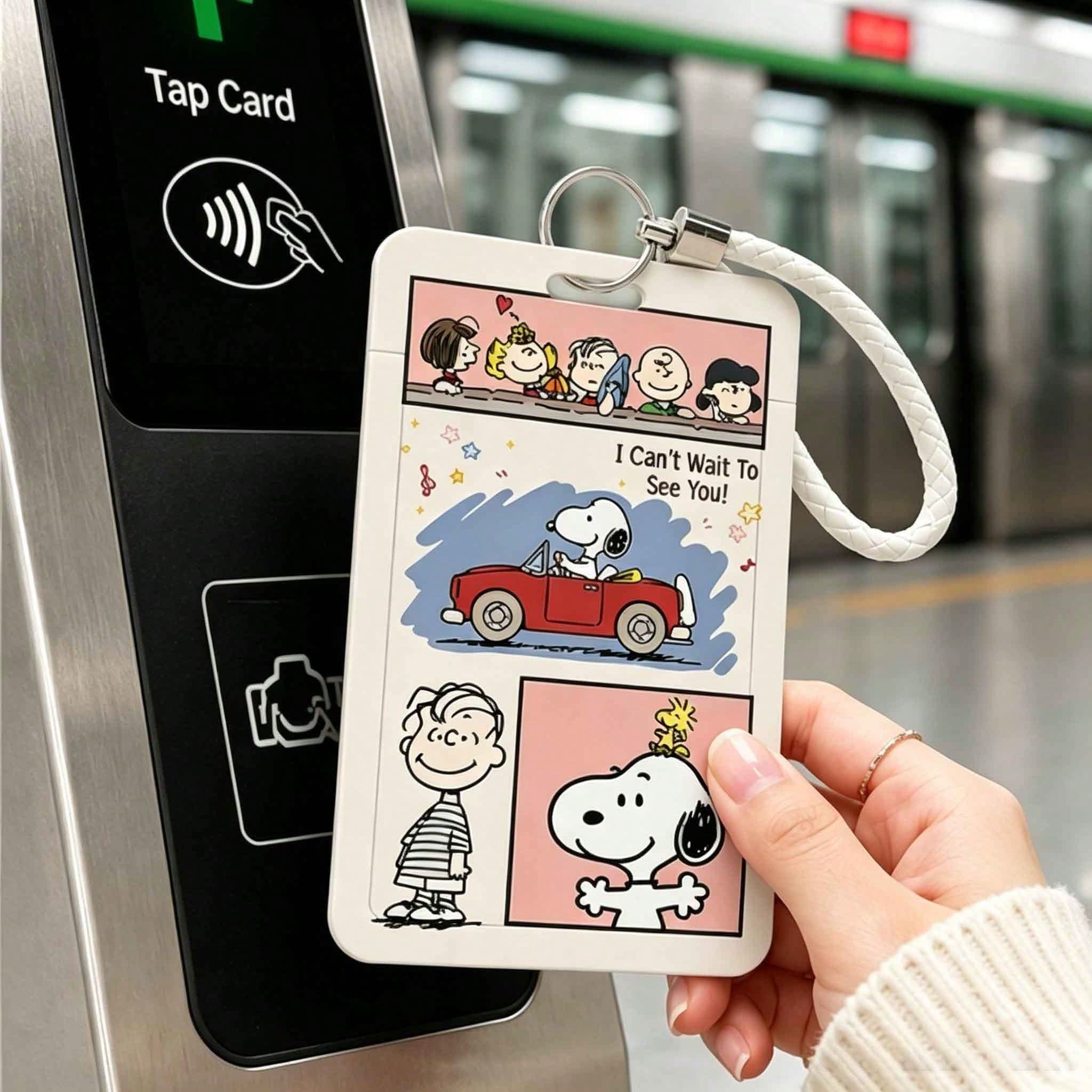 MINISO Snoopy Peanuts Sliding Card Holder With Neck Lanyard, Keychain Or Braided Leather Strap For Back To School Season Cute Retro Anime Character Student ID Badge Bus Pass Protective Case