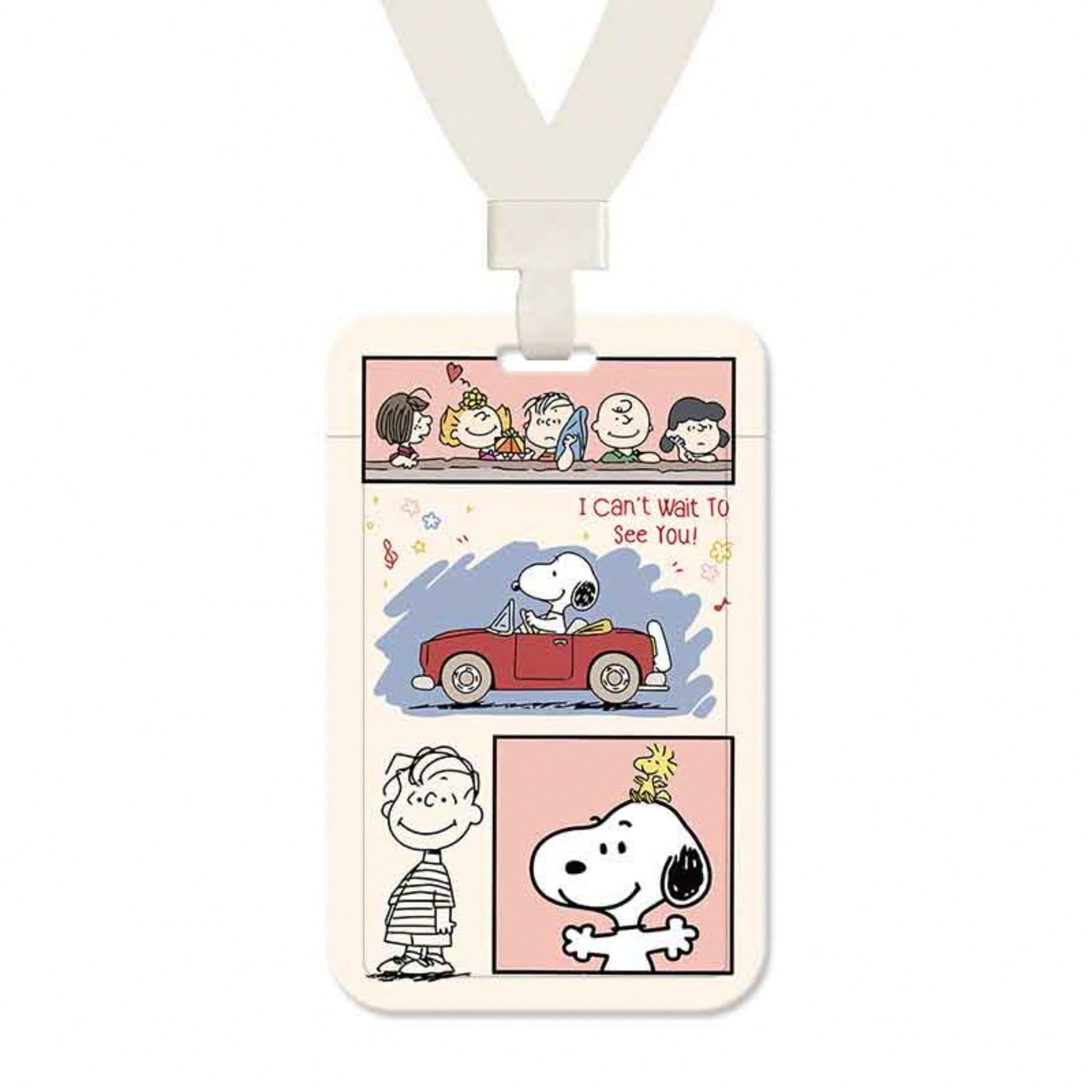 MINISO Snoopy Peanuts Sliding Card Holder With Neck Lanyard, Keychain Or Braided Leather Strap For Back To School Season Cute Retro Anime Character Student ID Badge Bus Pass Protective Case