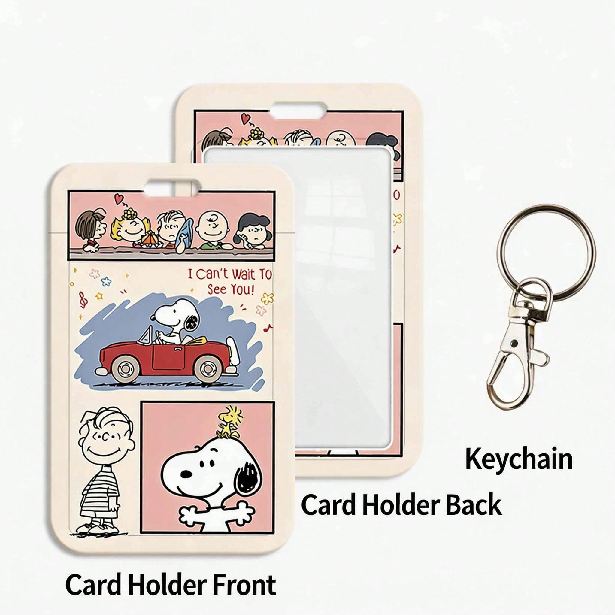 MINISO Snoopy Peanuts Sliding Card Holder With Neck Lanyard, Keychain Or Braided Leather Strap For Back To School Season Cute Retro Anime Character Student ID Badge Bus Pass Protective Case