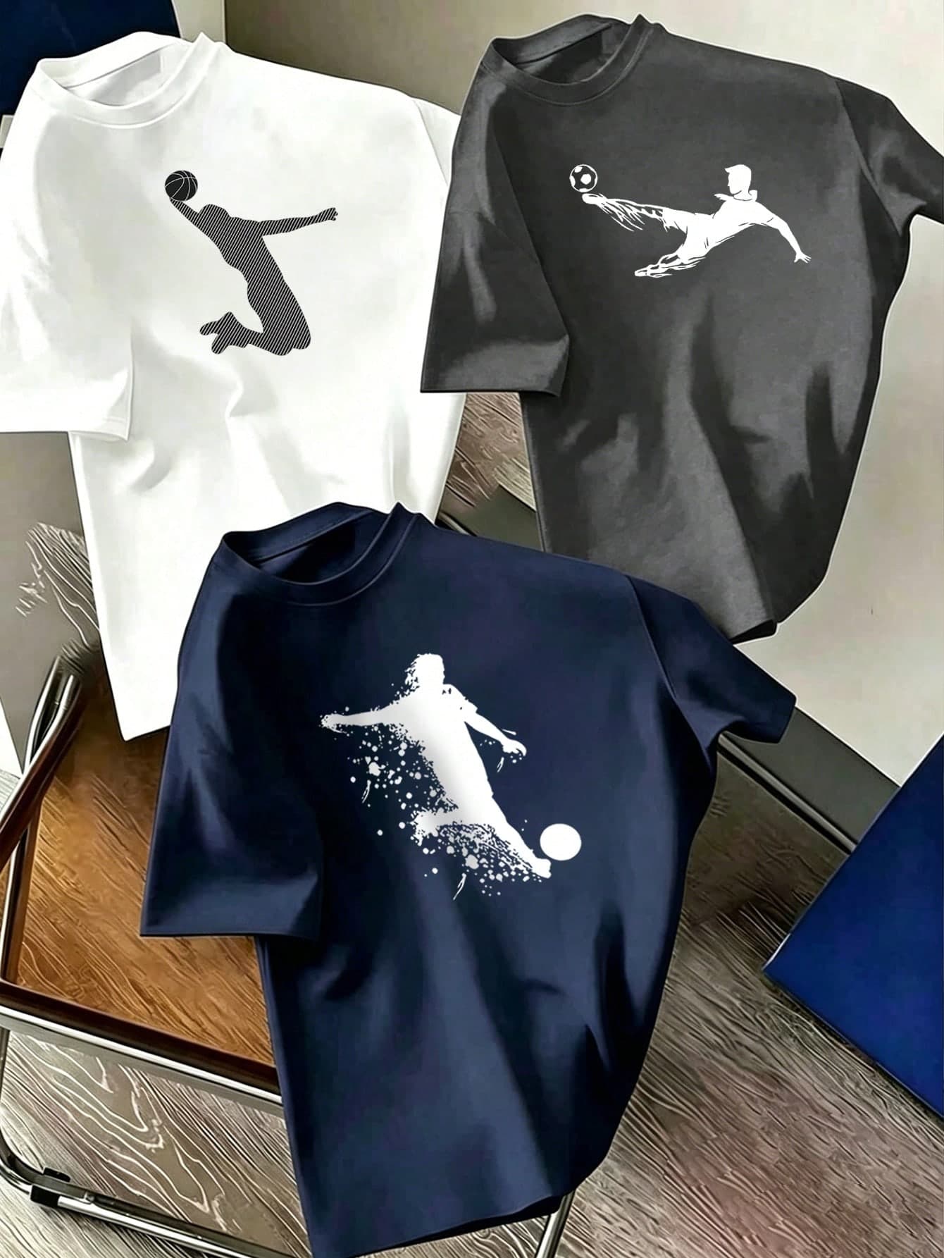3pcs Boys' Sports Graphic Print T-Shirts, Football Basketball Player Silhouette Design Casual Short Sleeve Crew Neck Tops, Children Summer Wear Suitable For Kids And Teenagers