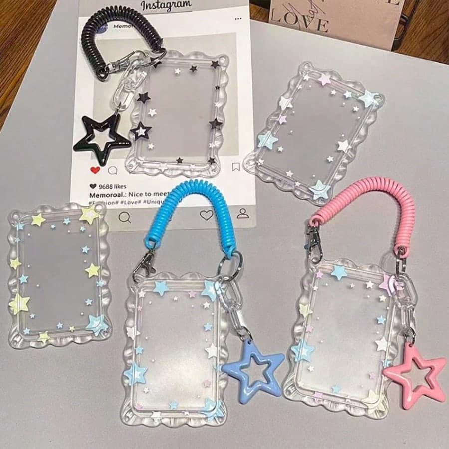 1pc Y2K Star Wavy Small Card Holder, Transparent Acrylic Card Protector, With Colorful Spring Lanyard And Star Pendant, Cute Aesthetic Photo Card Holder, Suitable For Fans, Student Campus Card, Bus Card And Daily Carry, Back To School Season