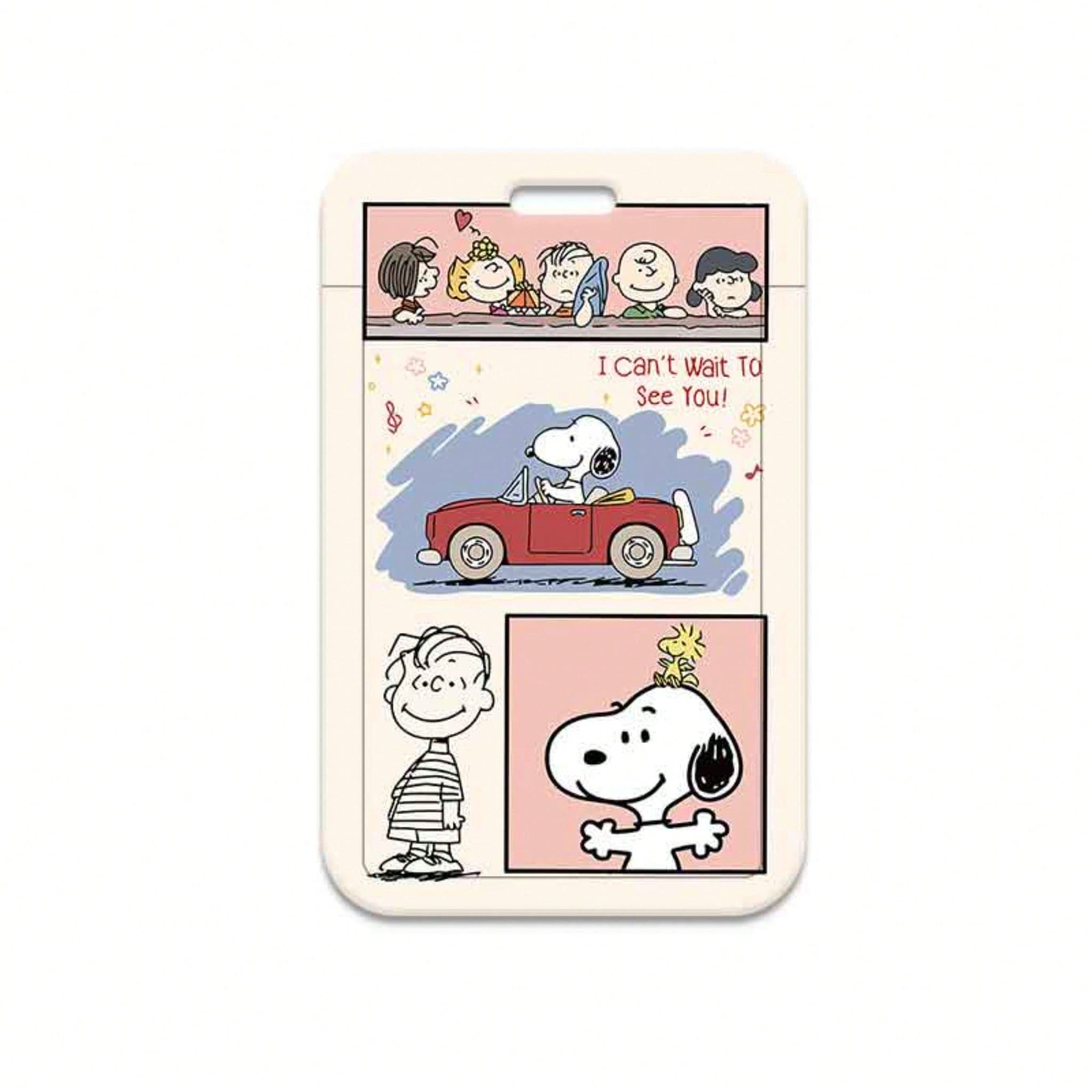 MINISO Snoopy Peanuts Sliding Card Holder With Neck Lanyard, Keychain Or Braided Leather Strap For Back To School Season Cute Retro Anime Character Student ID Badge Bus Pass Protective Case
