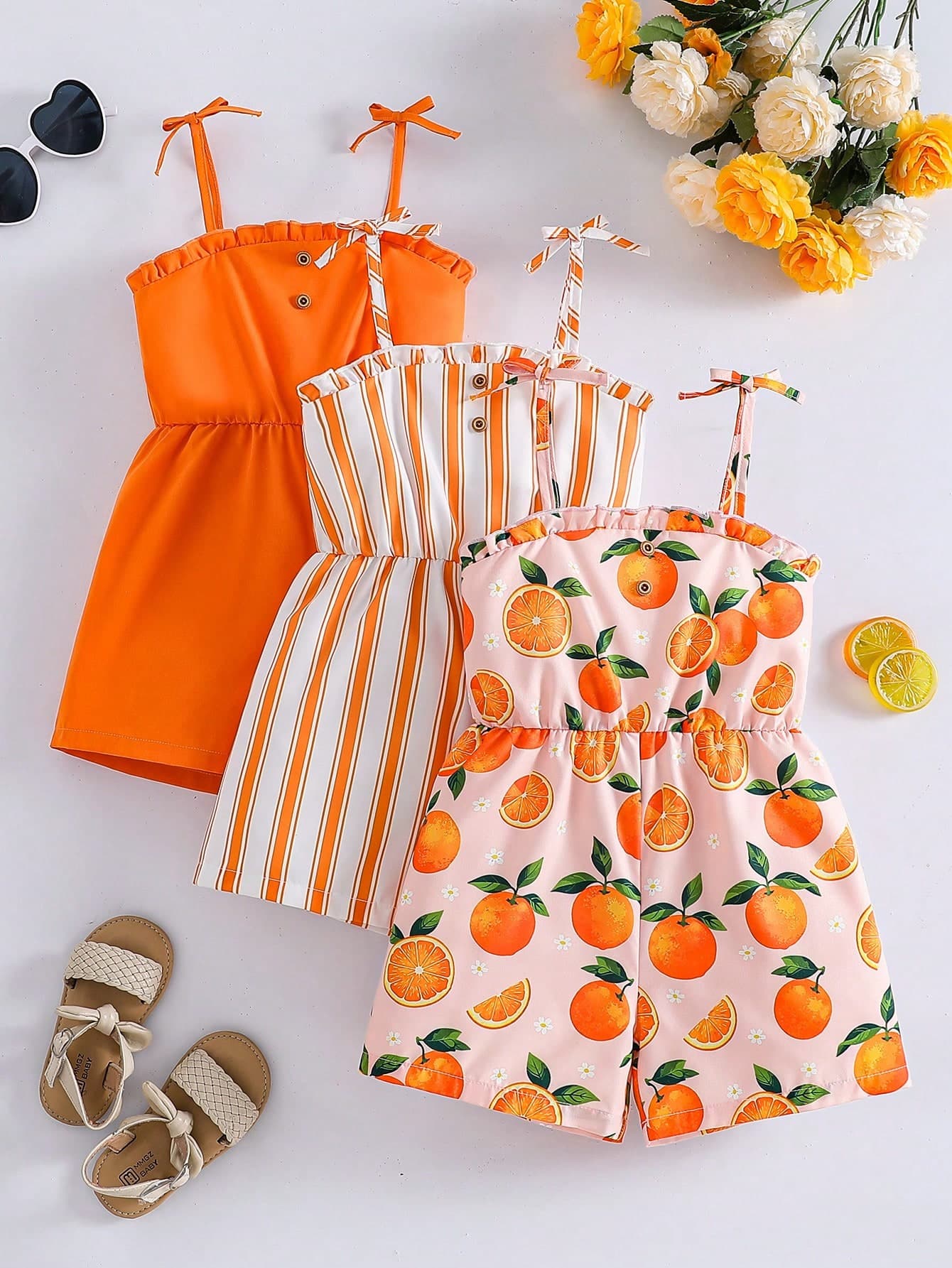 3pcs/Set Girls' Summer Fashion Casual Strap Bow Jumpsuit