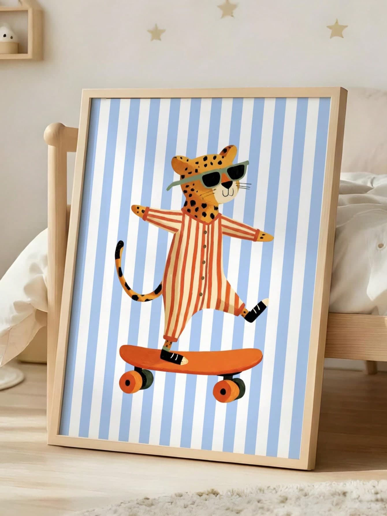 1pc, Canvas Framed Baby Room Wall Art Decor, Cool Skateboard Leopard Print Children's Painting, Fashionable Leopard Wearing Striped Pajamas And Sunglasses, Blue And White Striped Background, Bohemian Style Neutral Baby Room Decor, Ready To Hang Framed Art, Suitable For Toddler Bedroom, Playroom, Nursery, Baby Shower Gift, Little Explorer Gift, Fun And Confidence Themed Art, Modern Whimsical Children's Room Accent Decor