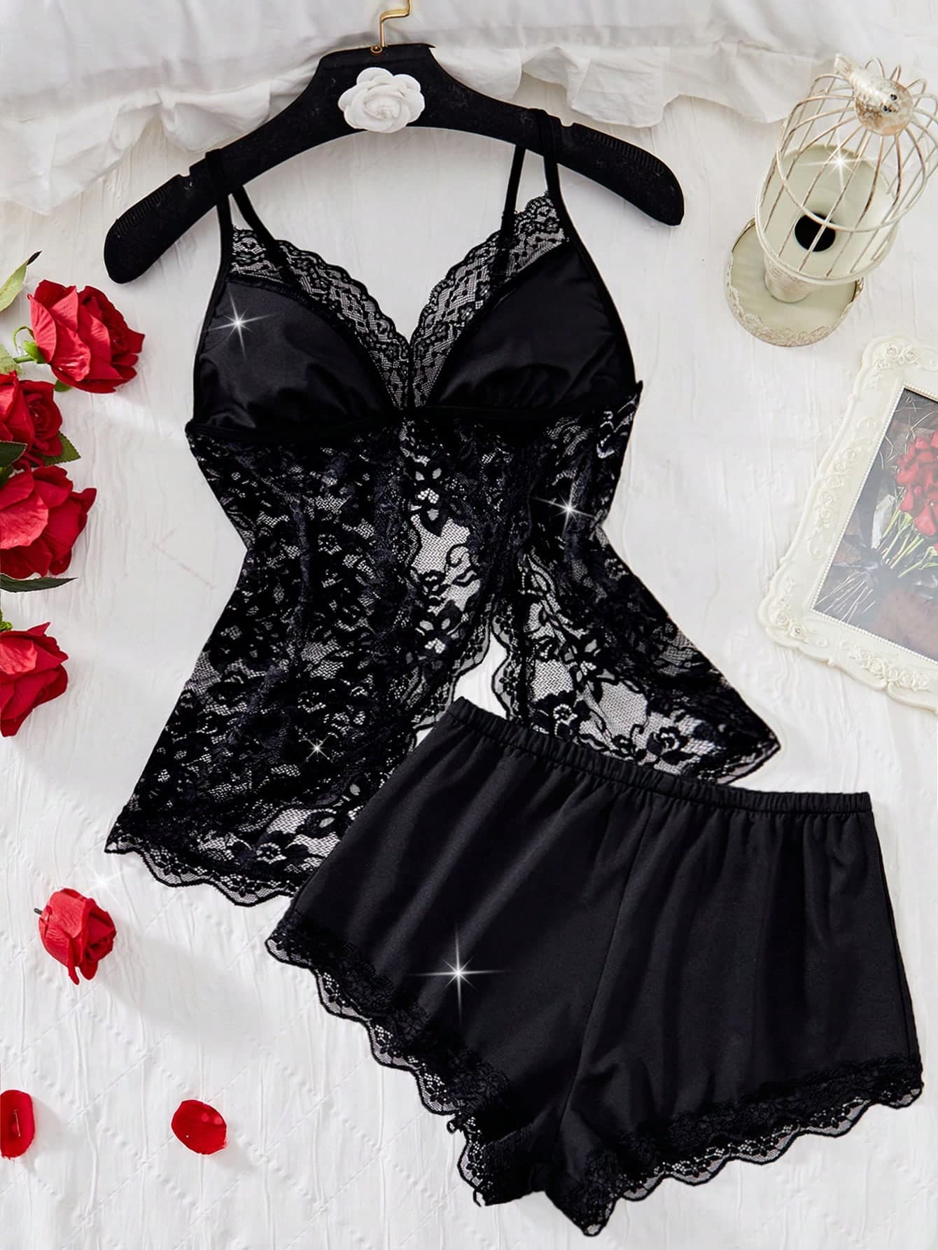 2 Pcs Women's Sexy Lingerie Set Adjustable-Strap V-Neck Slit Top & Pajama Pants Comfortable Semi-Sheer Lace Pajama Home & Outings
