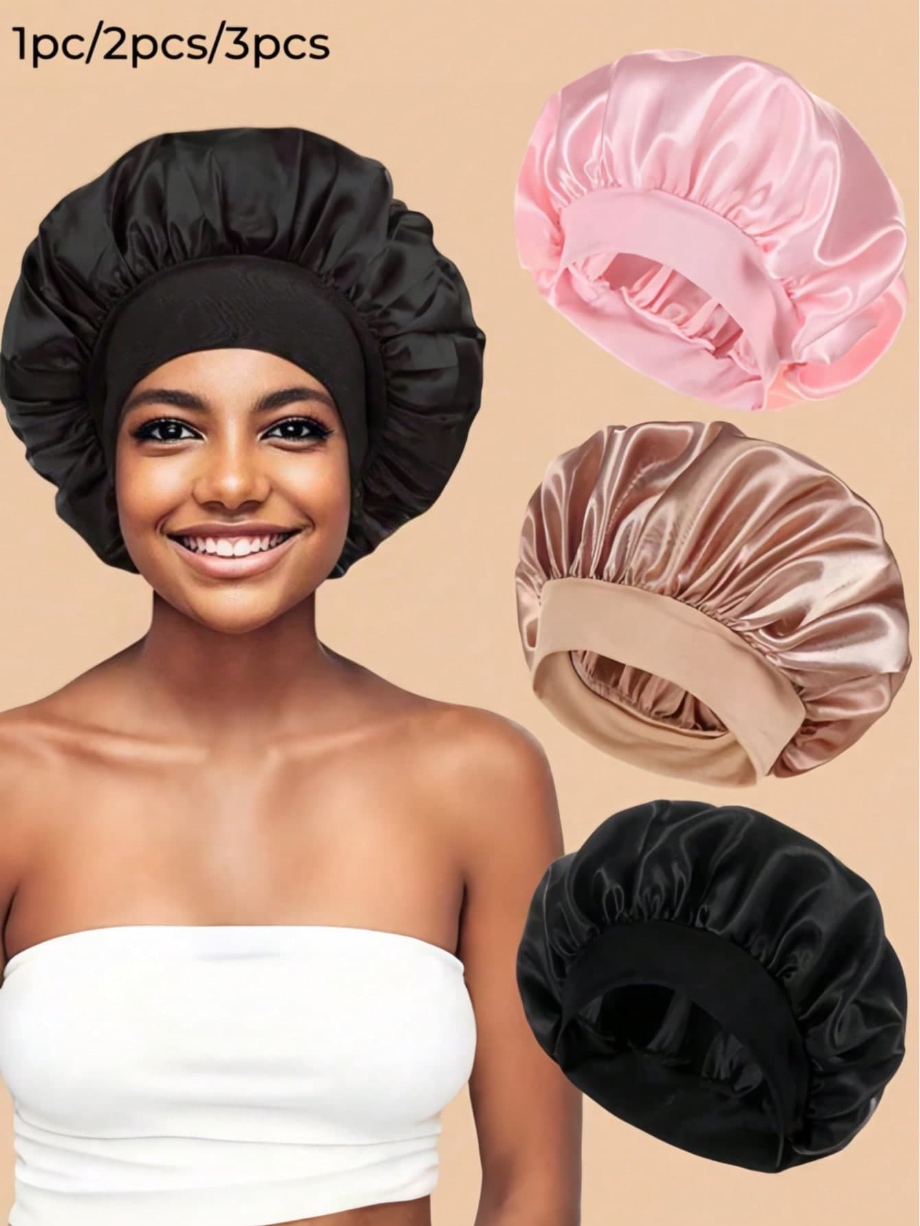 3pcs/2pcs/1pc Silk Sleep Cap, Satin Hair Bonnet, Soft Elastic Band Silk Sleep Cap, Curly Hair Silk Headband, Women's Solid Color Wide Brim Elastic Silk Satin Fashion Sleep Cap, Casual Comfortable Breathable Daily Style Hair Care Cap, Back To School