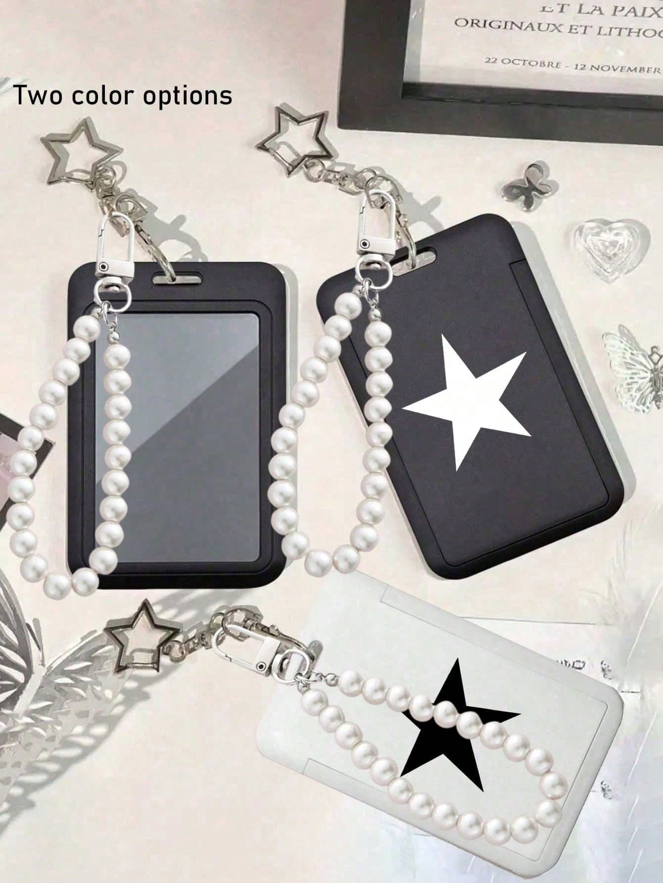 Black & White Pentagram Pendant Card Holder, With Pearl Pendant, Pentagram Pattern Design, Can Be Used As Bag Charm, Key Chain, To Hold ID, Business Cards, Transit Cards, Photos, Residence Permit, Access Cards, Suitable For Daily Use, Decoration, Or As Gift For Friends, Family, Lover On Valentine's Day, Birthday, Mother's Day, Back To School