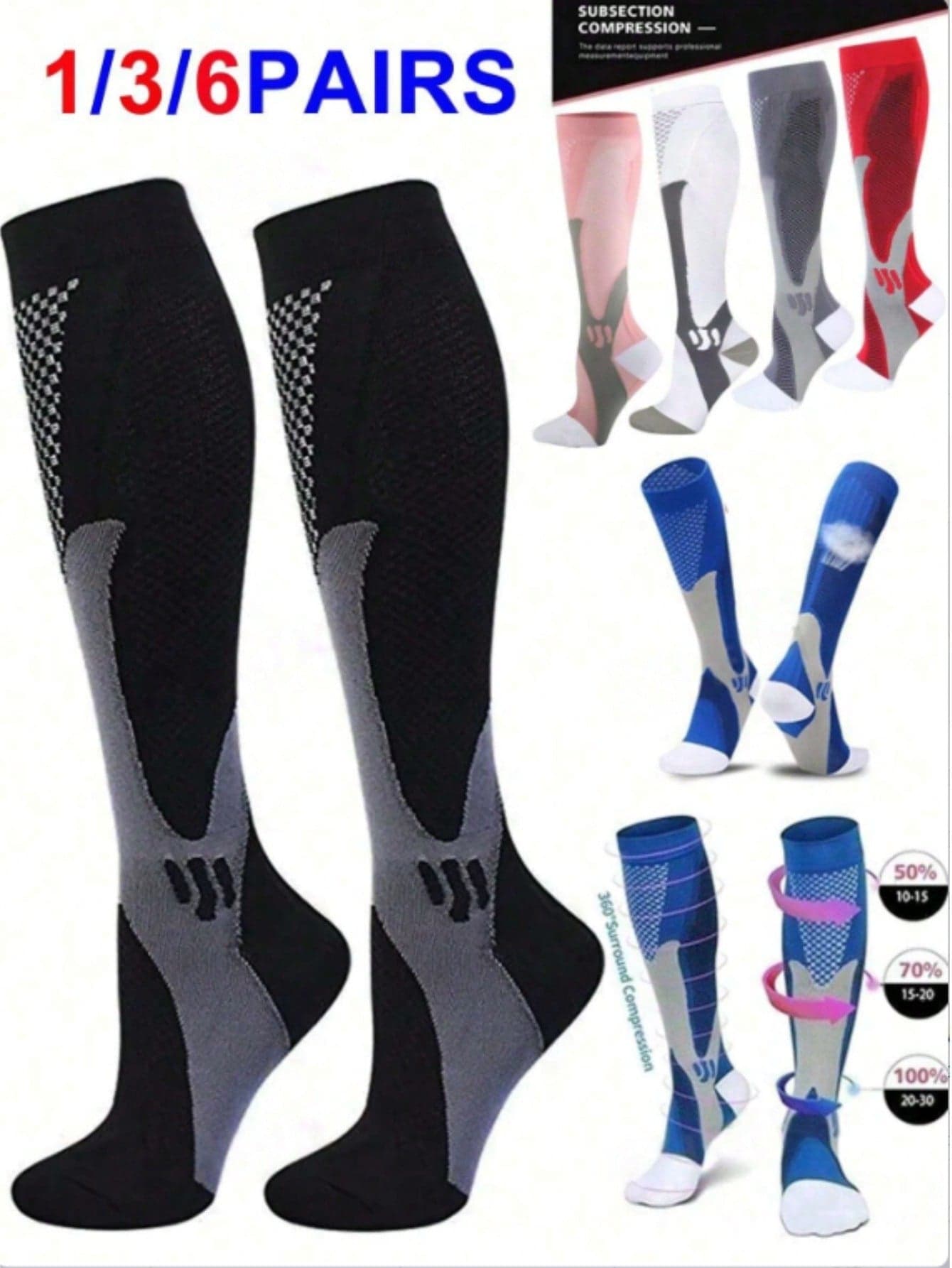 1/3/6 Pairs Breathable, Odor-Resistant, Moisture-Wicking, Sweat-Absorbing Unisex Sports Compression Socks, Geometric Pattern, Nylon, Side Stripe, Couple Soft Comfortable Knee-High Socks, Suitable For All Seasons, Best Choice For Running, Travel, Hiking, And Various Sports