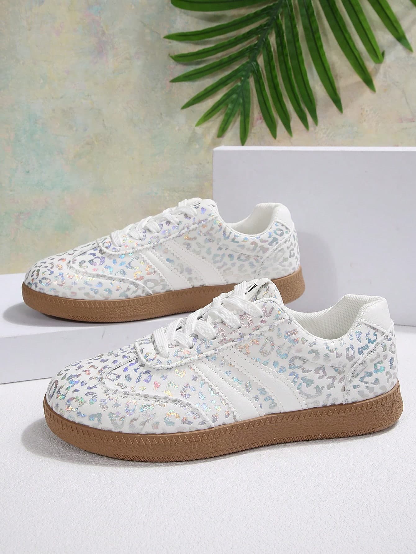 Women's Metallic Leopard Print Sneakers, Retro Gum Sole Casual Trainers For Daily Wear
