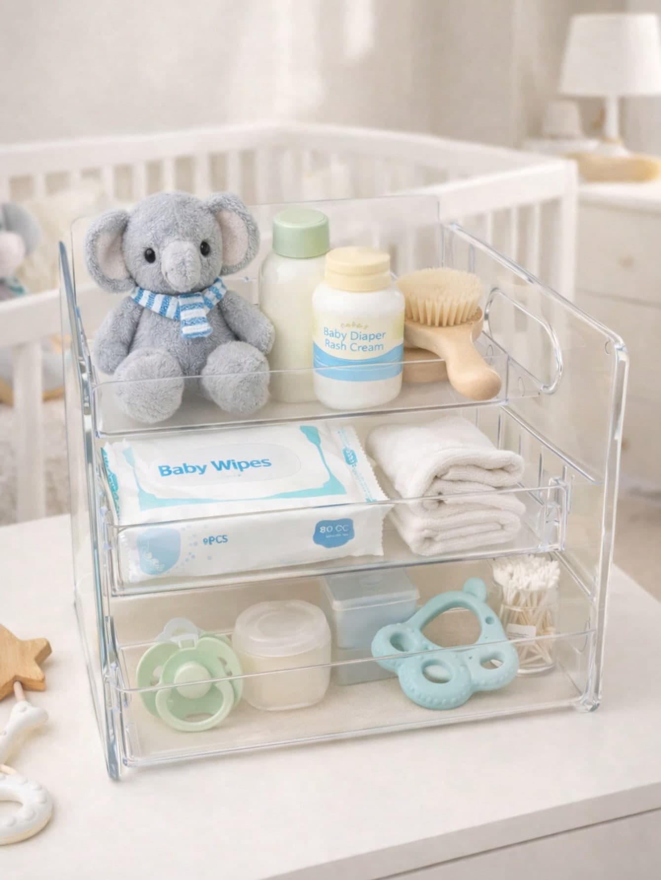 1pc Transparent Acrylic Baby Storage Rack, Large Capacity Multi-Layer Tiered Display Stand For Diapers, Wet Wipes, Pacifiers And Other Baby Supplies, Desktop Organizer