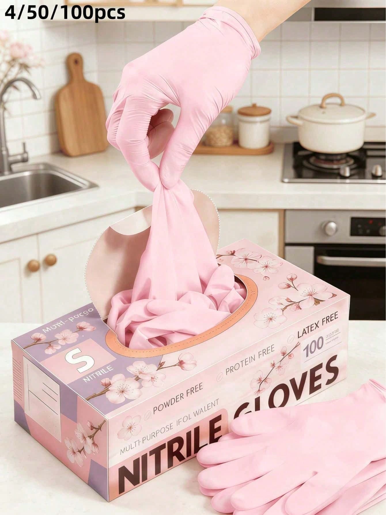 100/50/4pcs Disposable Nitrile Gloves Per Pack (No Packaging Box), Deep Pink And Light Purple Available. Sizes: S, M, L, XL. Durable, Waterproof, Thickened, Suitable For Home Cleaning. Also Suitable For Kitchen, Bathroom, Cleaning, Tattoo, Beauty Care, Hair Dyeing, Pet Care, Beauty Salon, Cleaning Supplies, Etc.