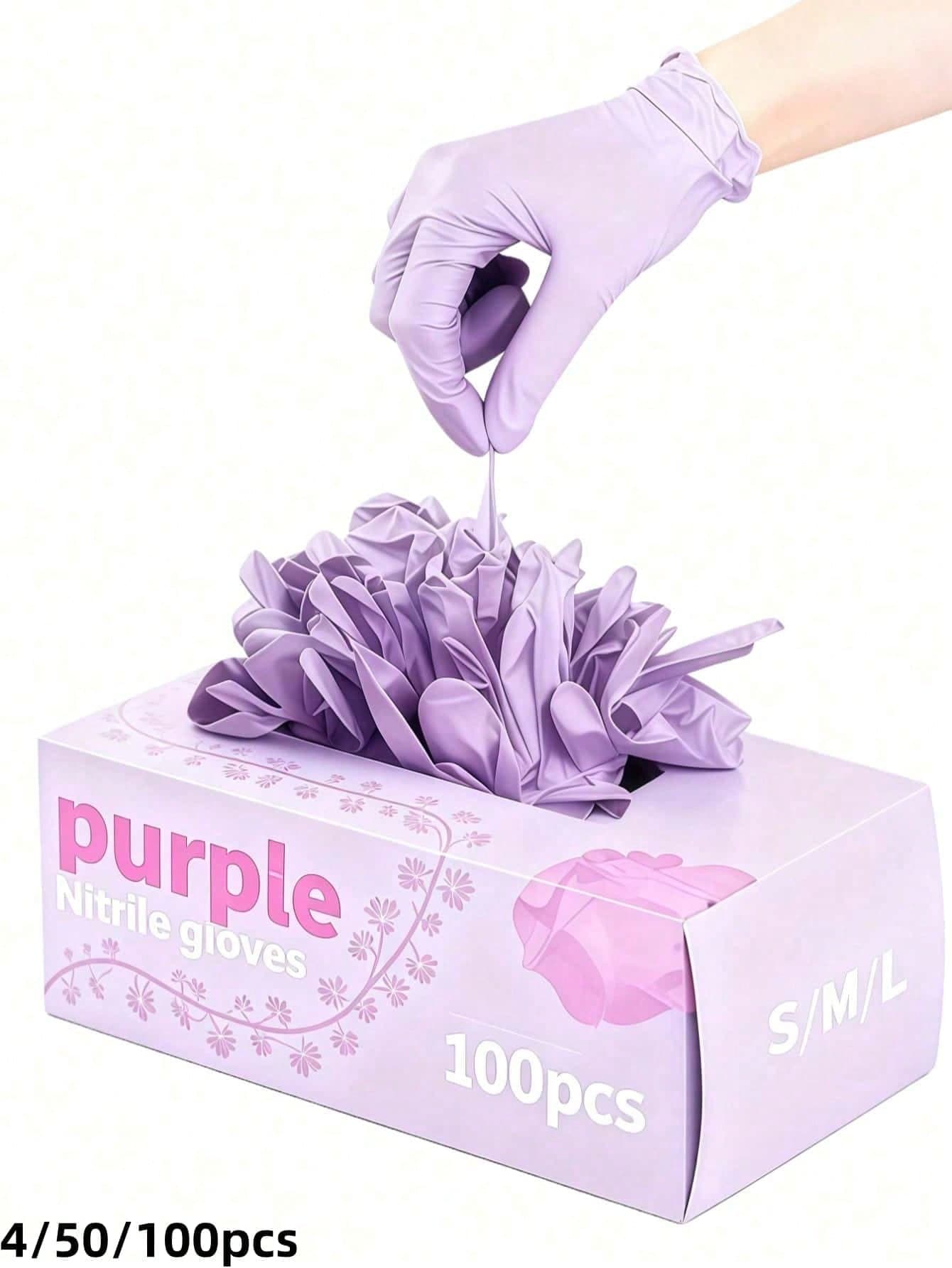 100/50/4pcs Per Pack (Without Box), Available In Deep Pink And Light Purple. Disposable Nitrile Gloves. Sizes: S, M, L, XL. Durable, Waterproof, And Thick, Suitable For Household Cleaning. Also Applicable For Kitchen, Bathroom, Cleaning, Tattooing, Beauty Care, Hair Coloring, Pet Care, Salons, And Cleaning Supplies.
