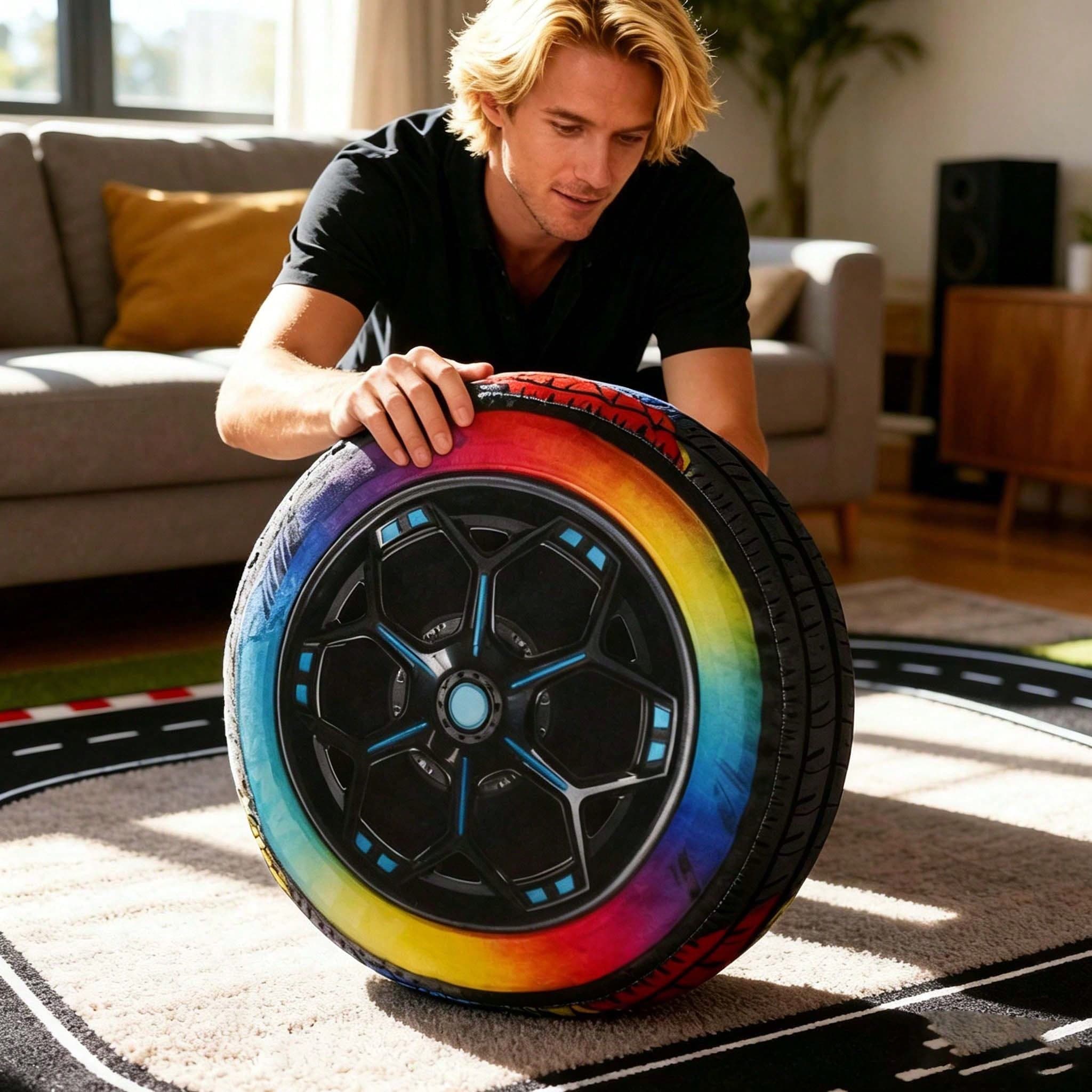 Cool Car Wheel Rim Plush Pillow, Realistic Tire Shaped Throw Pillow, Soft Stuffed Cushion For Sofa Bed Chair, Creative Home Decor Gift For Car Lovers Motorsports Racing Fans, Back To School Decor, Birthday Gift For Friends