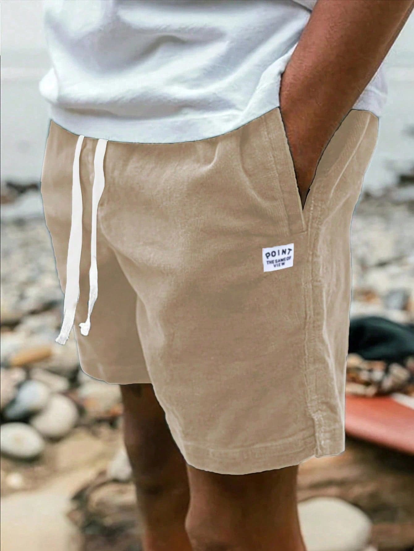 Lightweight Corduroy Polyester Material Casual Loose Solid Color Summer Men's Drawstring Shorts, Suitable For Outdoor & Commuting