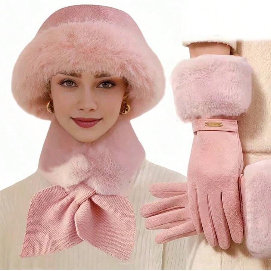 This Winter Warm Accessory Set Includes Stylish Touchscreen Fingerless Gloves, A Thick Crisscross Scarf, And A Fluffy Hat, Perfect For Cold Weather And Outdoor Activities. It Is A Perfect Gift For Christmas Or Valentine's Day.