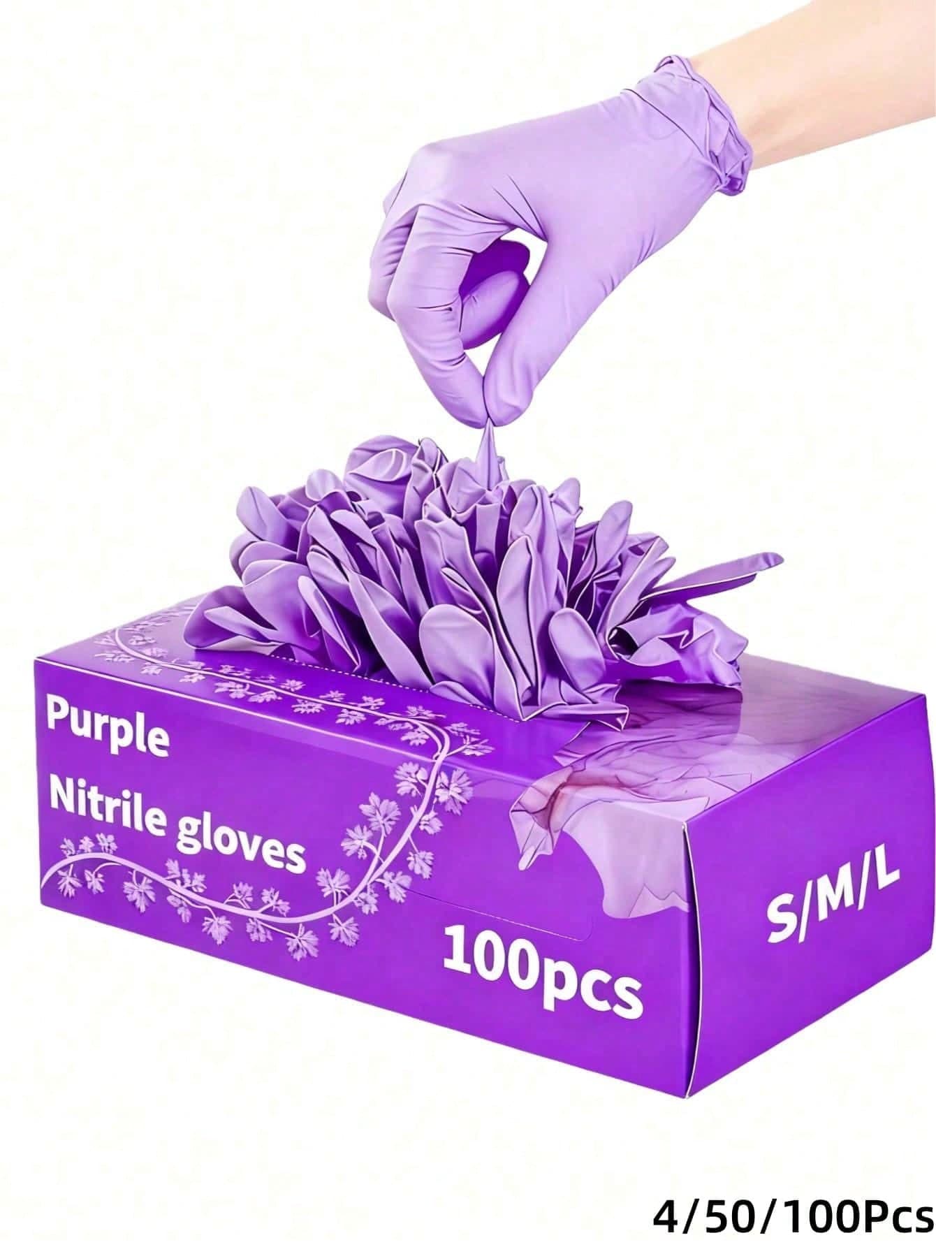100/50/4pcs Disposable Purple Nitrile Gloves, Powder-Free, Latex-Free, Waterproof, Suitable For Household Cleaning, Hairdressing, Beauty Salon, Etc. Waterproof, Anti-Static, Latex-Free, Open-Finger Design (Bagged To Prevent Damage)