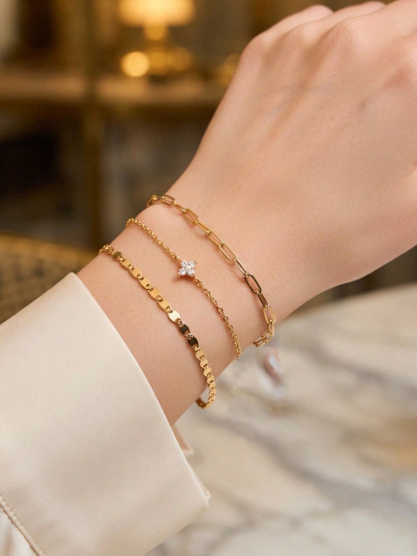 3pcs/Set Multi-Layer Stacked Gold-Tone Hand Jewelry, Summer Holiday Fashion Elegant Charming Four-Leaf Clover Copper Zirconia Layered Bracelet Accessories For Women (Chain Link Count Random)
