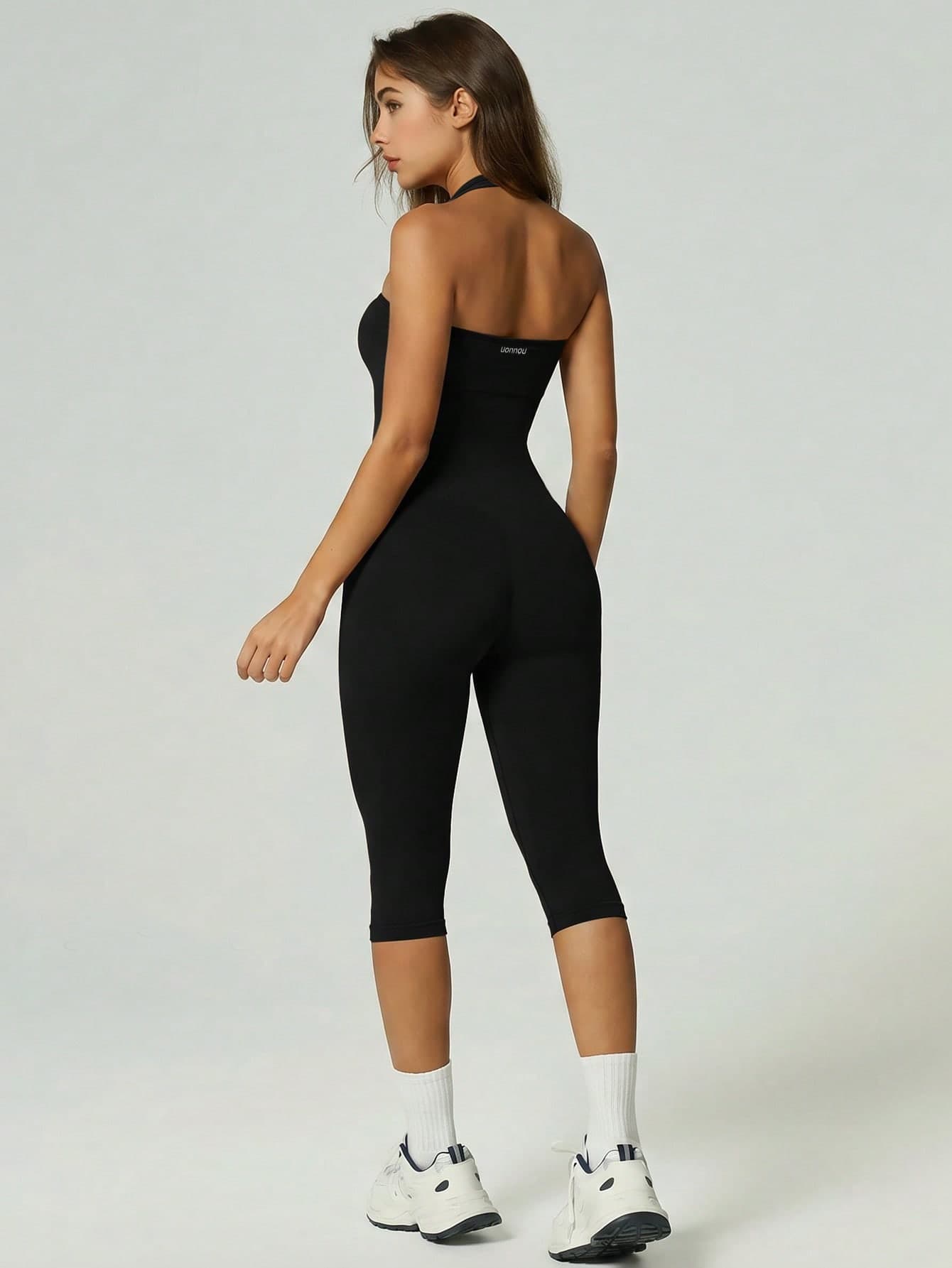 UONNOU 1pc Women's Spring/Summer Halter Neck One-Piece 7/8 Length Sports Pants, Sexy Cold Shoulder Backless Design, Peach Butt Lift, Waist-Cinching Tummy Control, Suitable For Yoga, Gym, Running, Workout, Commute, Casual Daily Wear, Fashion Outfit