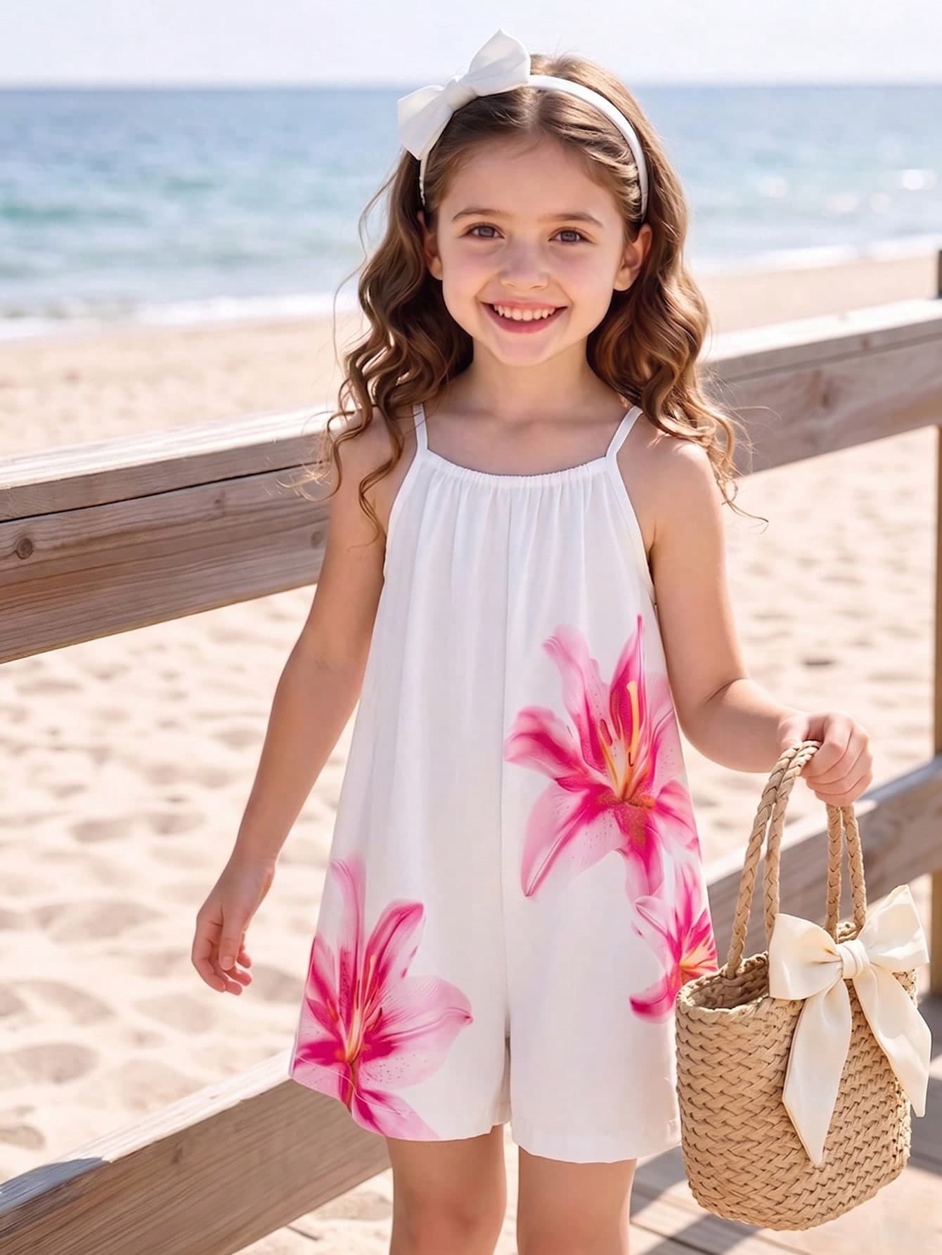 Young Girls' Summer New Fashion Comfortable Versatile Large Floral Print Camisole Loose Jumpsuit, Suitable For Vacation, Beach, Outdoor Wear