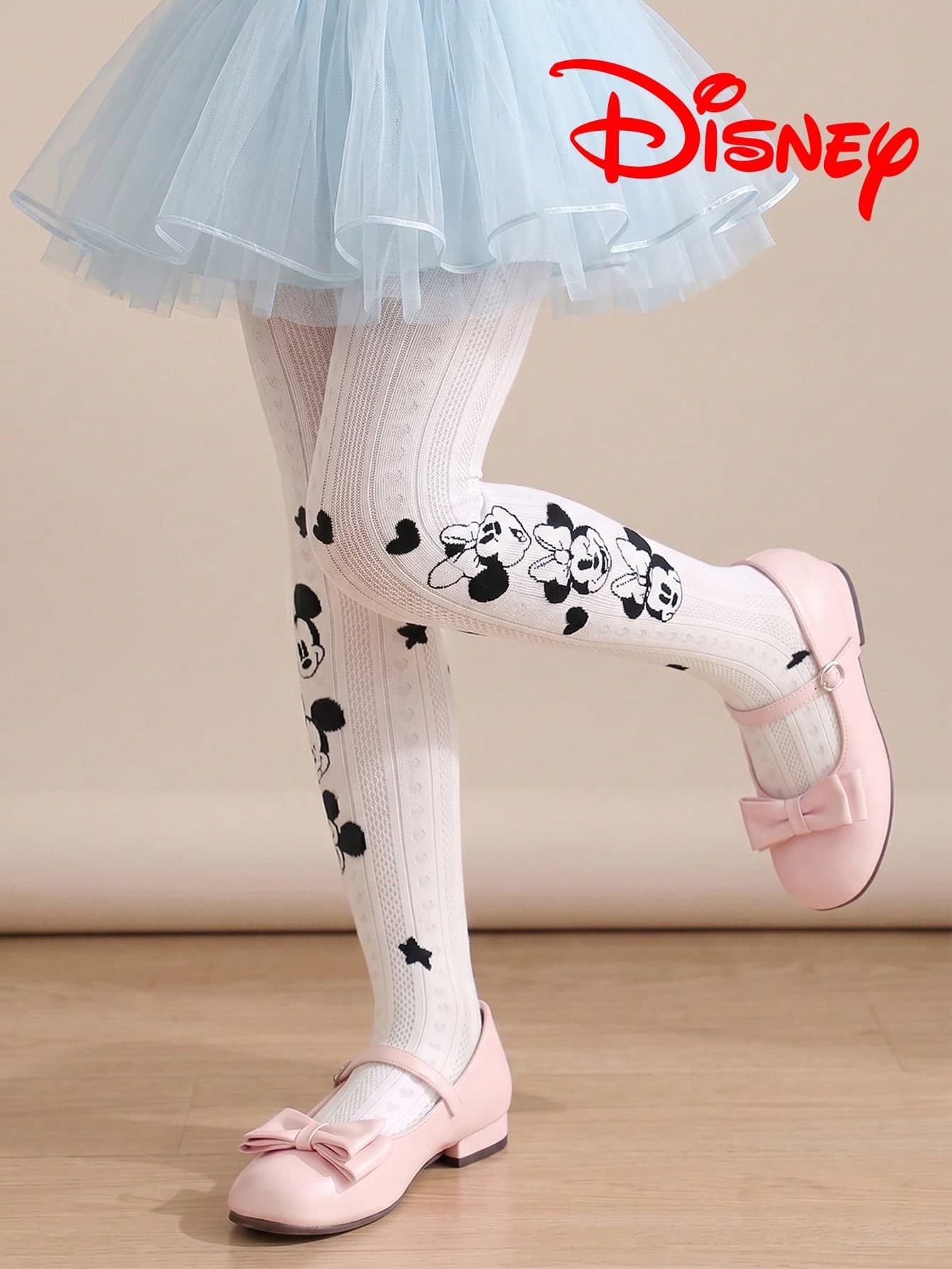1 Pair Authentic Disney Girls White Vertical Striped Tights, Little Girl Princess Style Mickey Minnie Pattern Party Gift Hollow Mesh Bottom Socks, Comfortable And Breathable Suitable For Students, Gifts And Daily Use