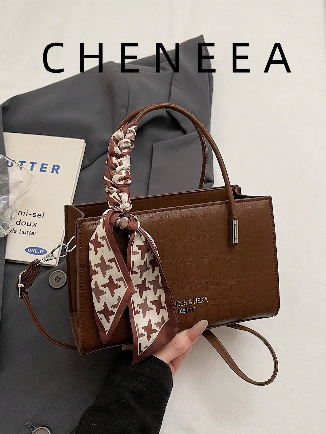 New Vintage Fashion Embossed Mini Square Handbag, With Scarf Decoration, Zipper Opening, Adjustable Long Shoulder Strap, Small Capacity Lightweight Minimalist Crossbody Bag